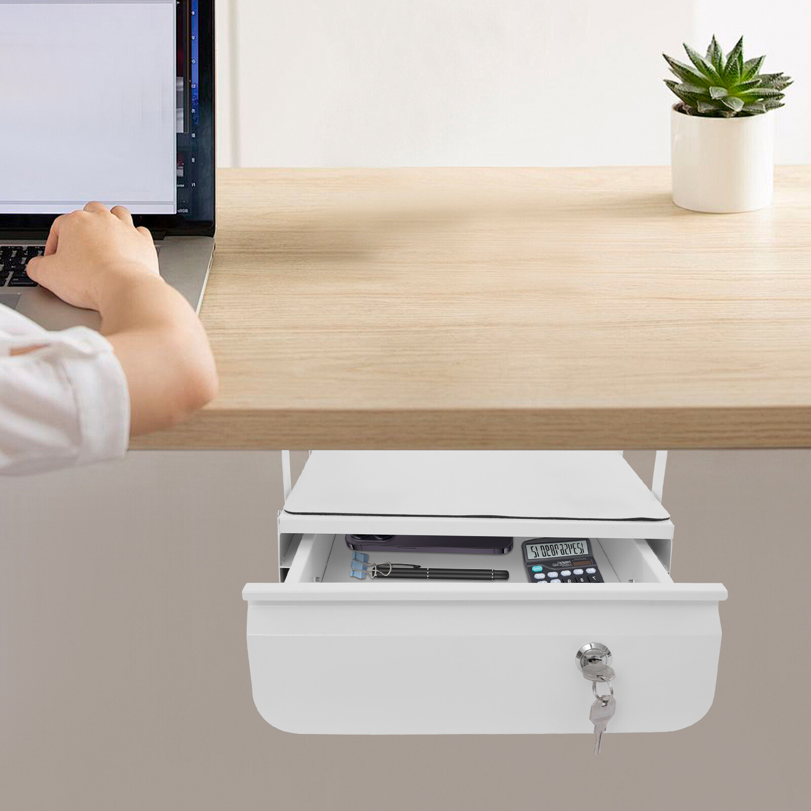13” Under Desk Pull-Out Drawer Lockable Sliding Storage Drawer White With Lock