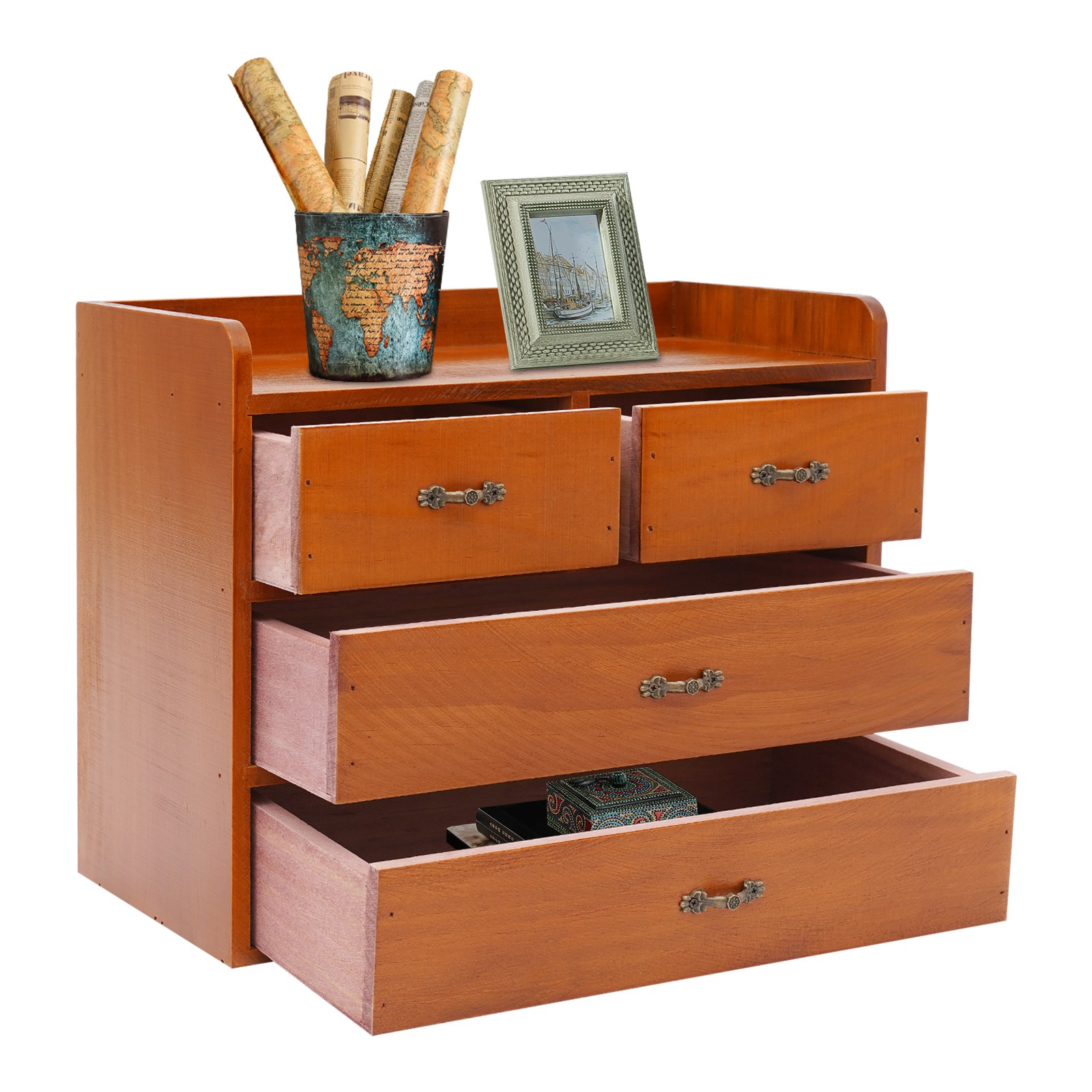 Retro Wooden 4 Drawer Desk Organizer Office Bedroom Tabletop Storage Drawer Box