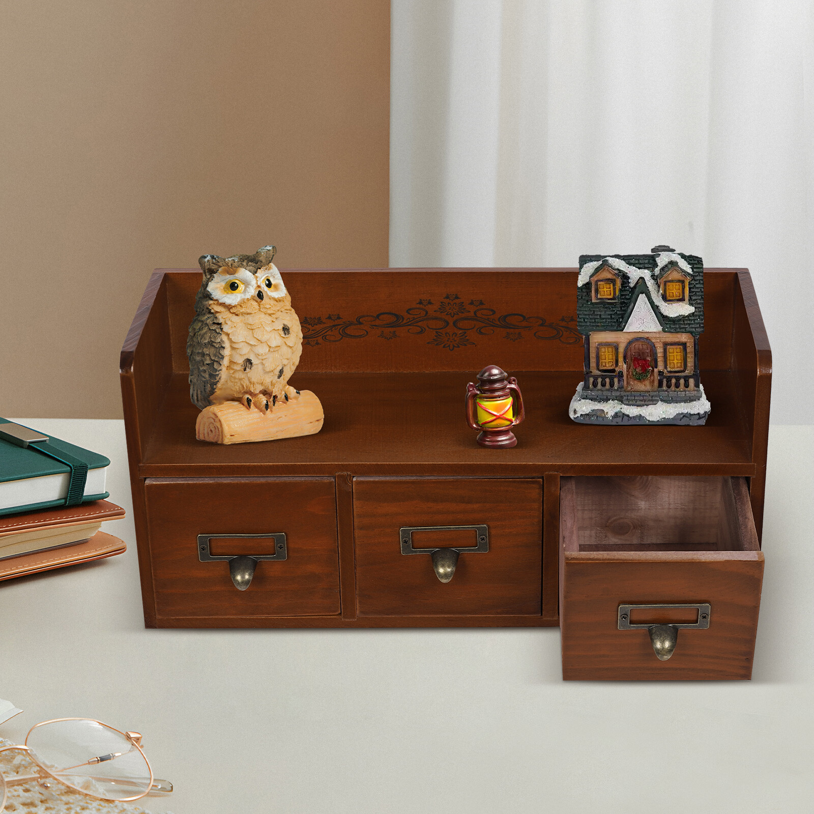 Vintage 3-Drawer Pine Wood Desktop Organizer for Cosmetics and Jewelry