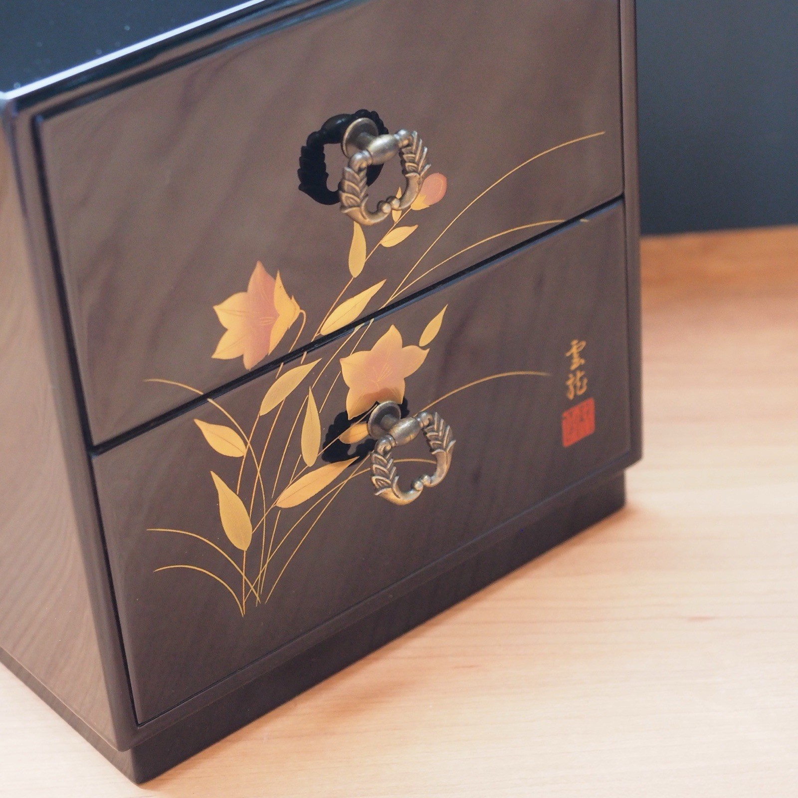 Japanese Shikkou Lacquer Mini Chest Tansu Drawer Gold Flower Floral Jewelry Case