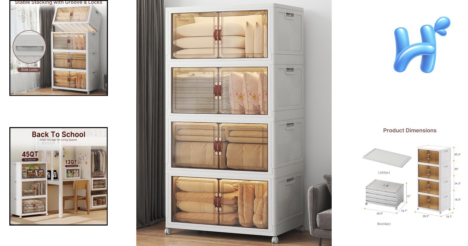 Storage Bins Heavy Duty 720QT Capacity Collapsible Wheeled Lockable Clear Doors