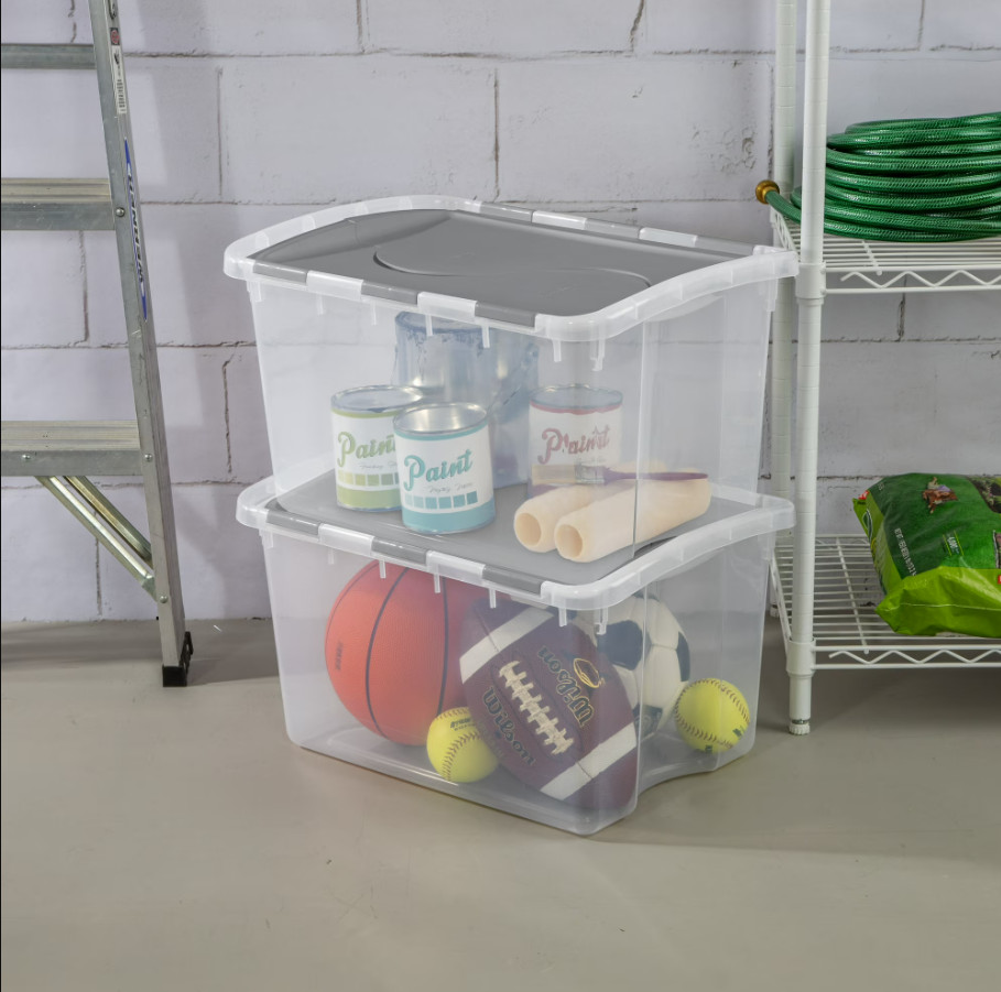 2 Pack 48 Qt Medium Storage Bin Clear Plastic Container Flip Hinge Lid Gray