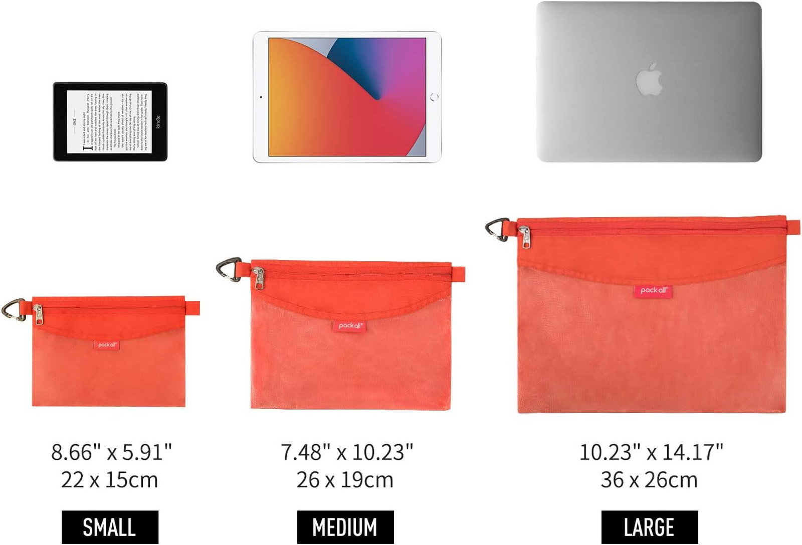Water-Resistant Mesh Zipper Pouch Set, Travel Organizer, Orange, Multiple Sizes
