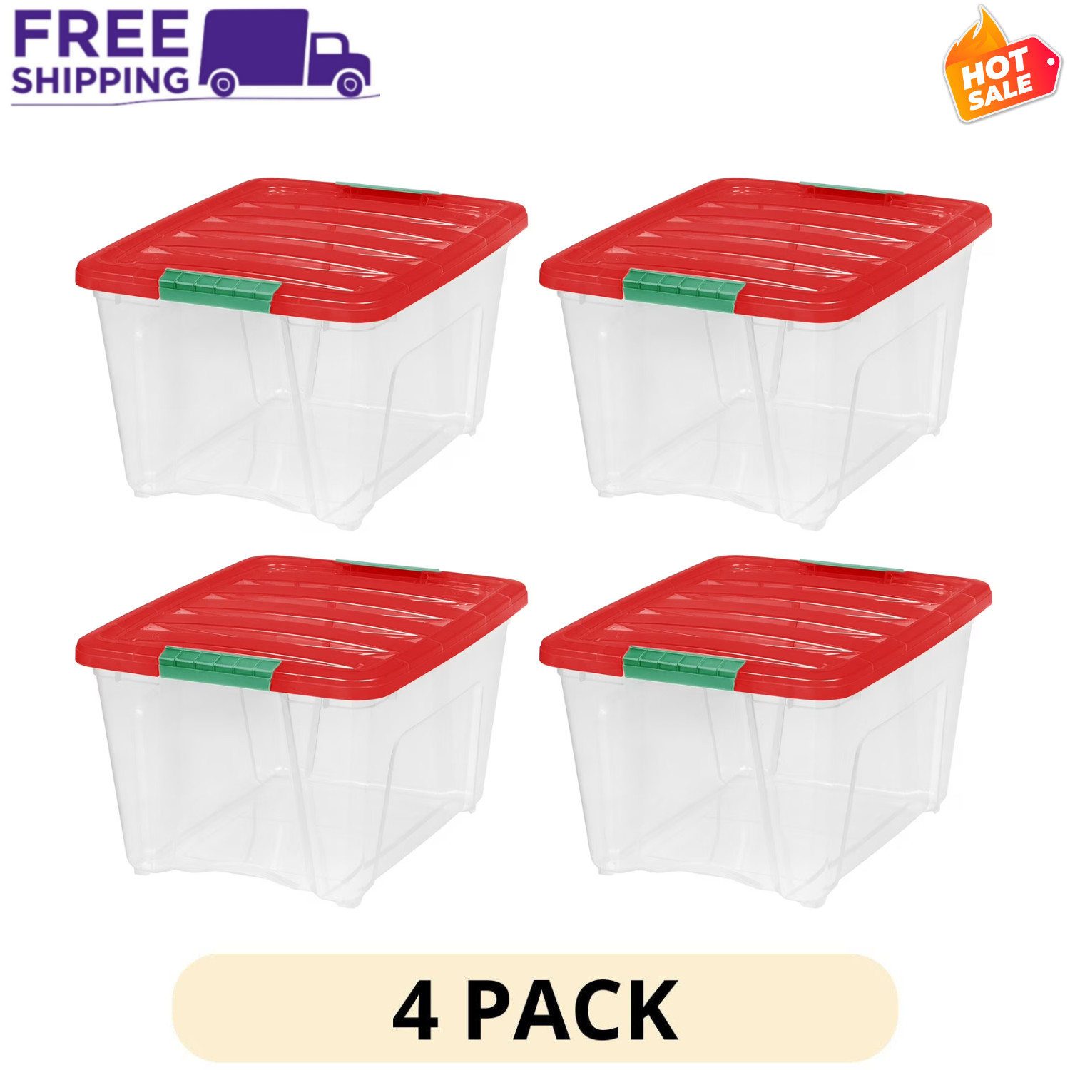4 Pack IRIS 32Qt Storage Bin Clear Red Latching Lid Stackable Plastic Container