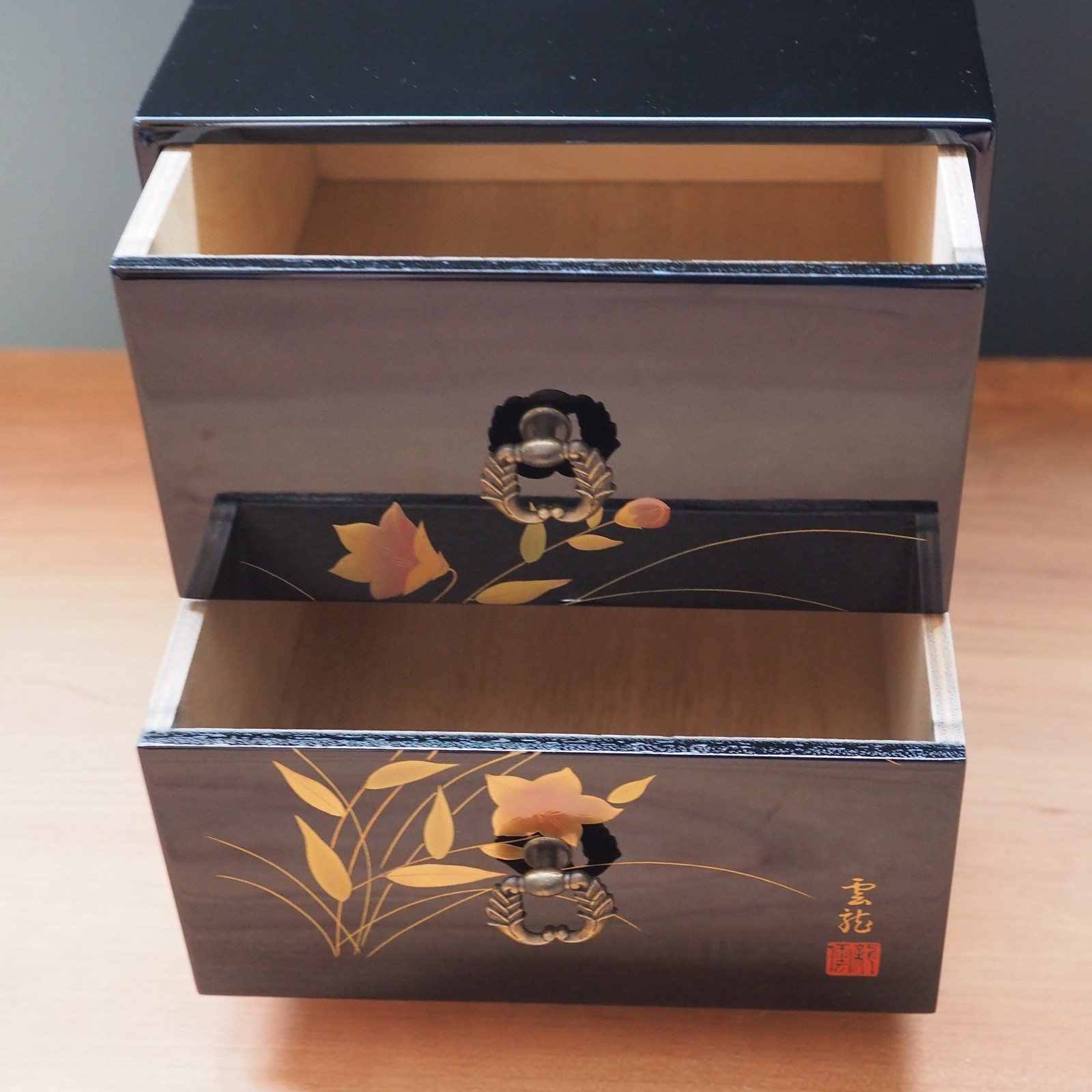 Japanese Shikkou Lacquer Mini Chest Tansu Drawer Gold Flower Floral Jewelry Case