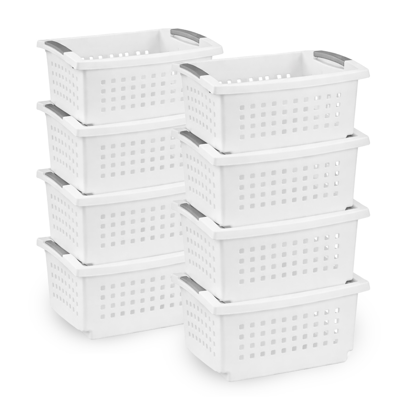 Sterilite Medium Stacking Basket, Open Top Storage Bin w/ Handles, 8 Pack, White