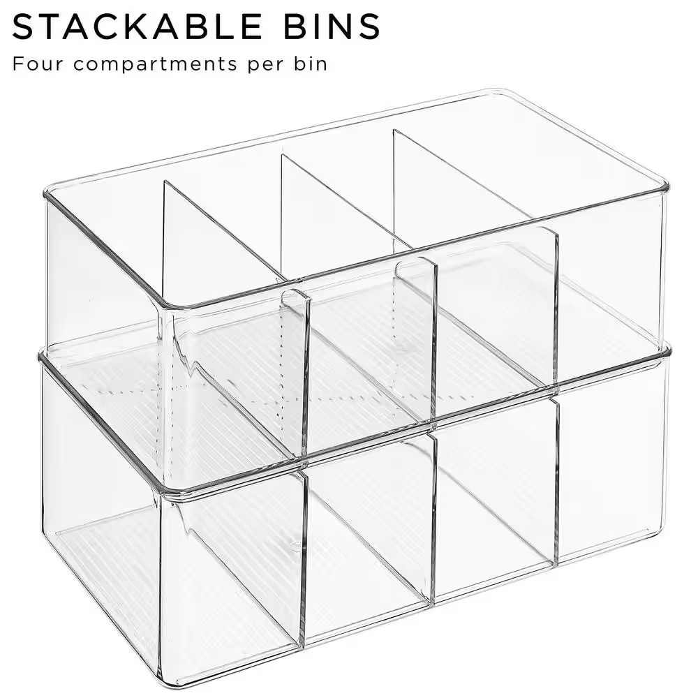 Clear Plastic Storage Bins with Dividers Stackable Organizer Set (2-Pack)