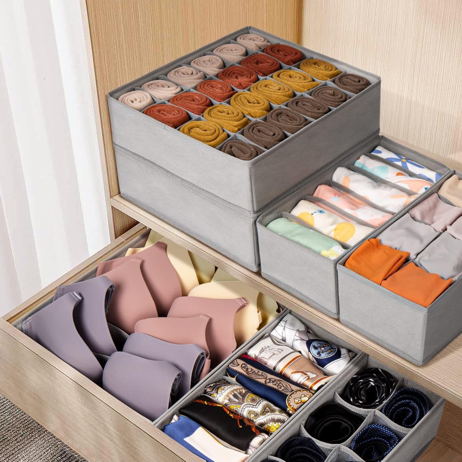 12 Pack Sock Underwear Drawer Organizer Dividers, 116 Cells Fabric Foldable D…