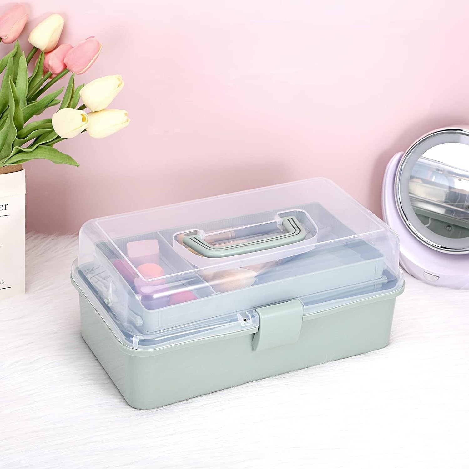 3 Layer Plastic Storage Box in Haze Green Adjustable Compartments for Crafts