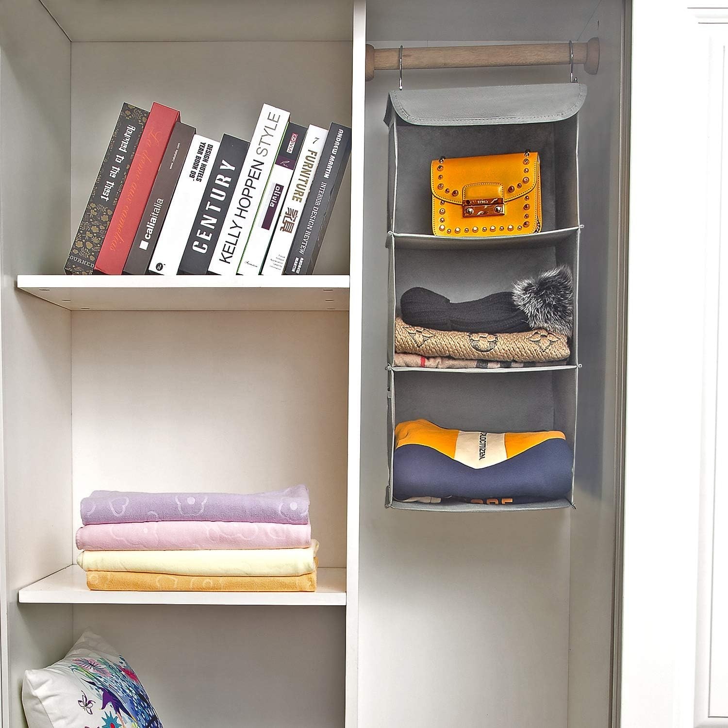 Hanging shelf, grey, 3 compartments, practical wardrobe organizer with…