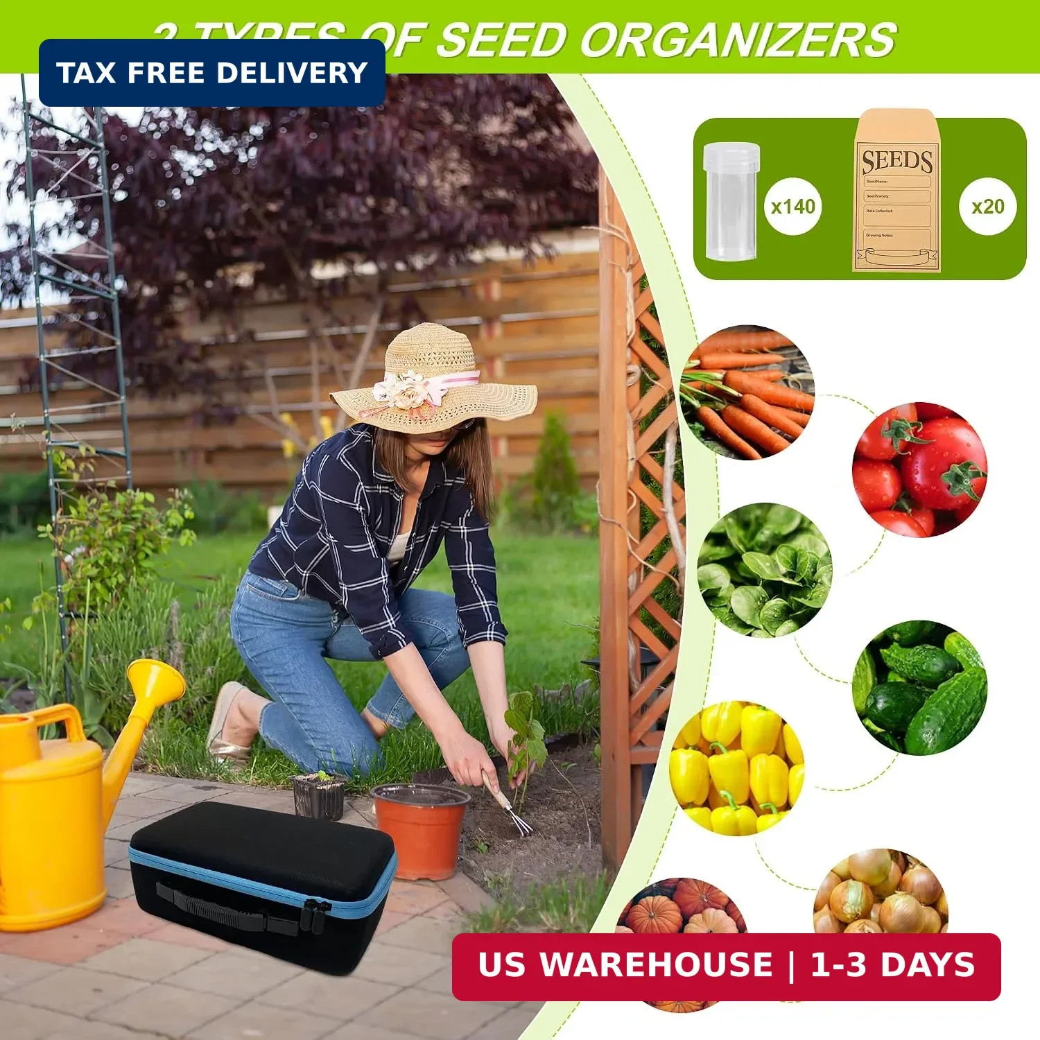 140 Slots Seed Storage Organizer Box with 20 Envelopes, Large Capacity Seed Stor