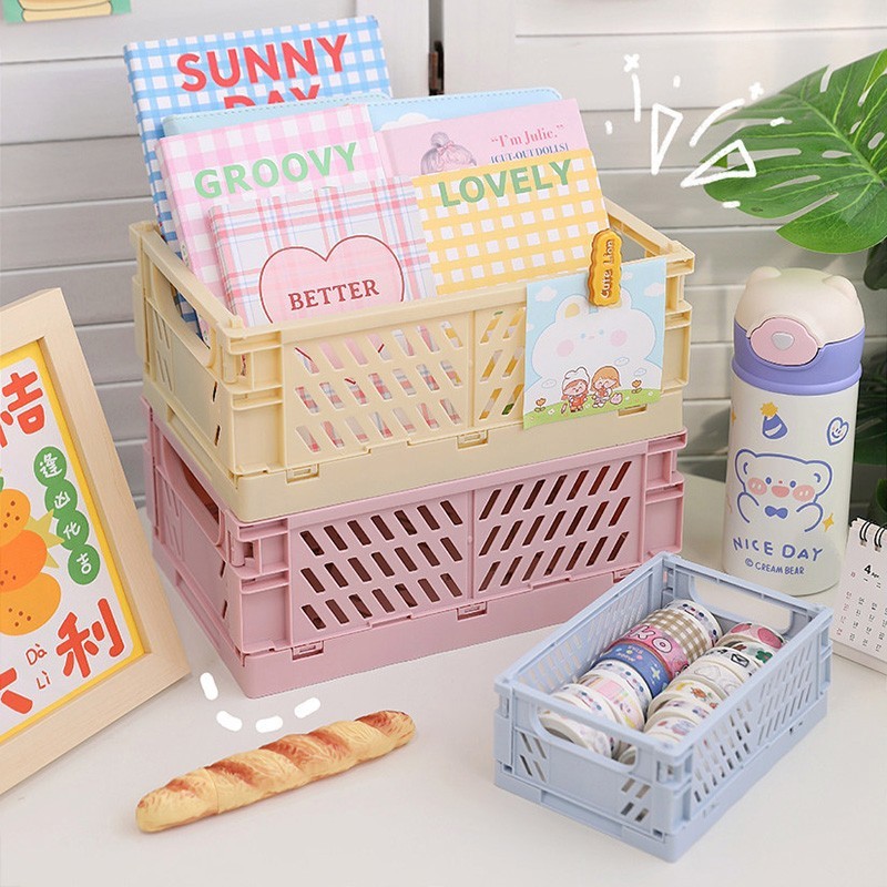 Folding Collapsible Storage Crates Plastic Basket Stacking Kitchen Store Boxes