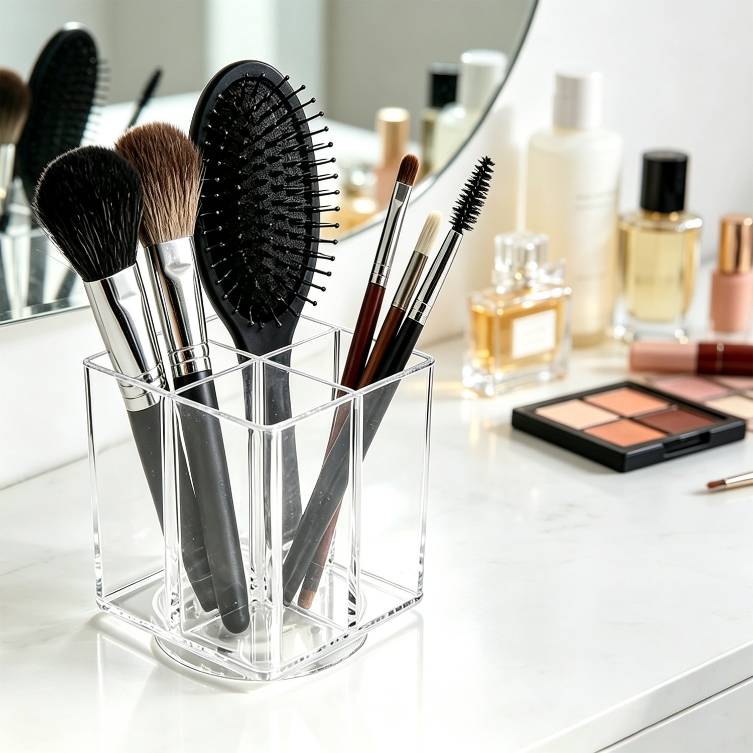 Acrylic Makeup Brush Holder 4Compartments Clear Rotatable Organizer Pen Holder