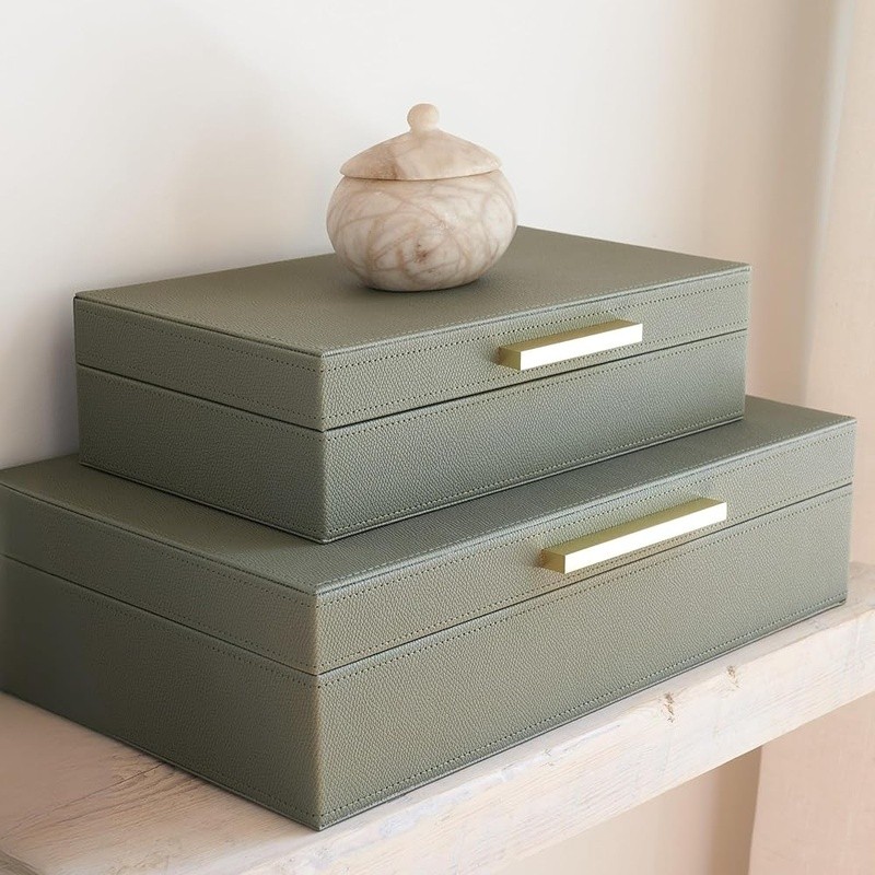 Decorative Storage Boxes Set of 2 PU Leather Organizer Bins W/ Lids Home Office