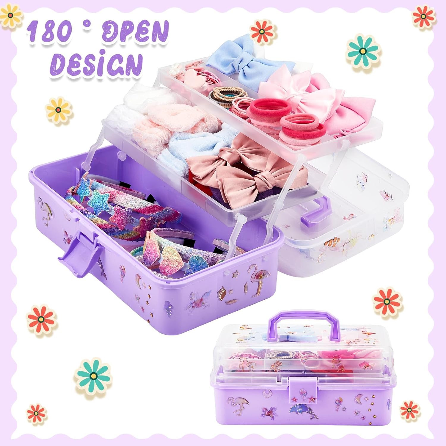 12.8 Inch Hair Box Organizer for Girls Hair Stuff 3 Layer Folding Art Craft Orga