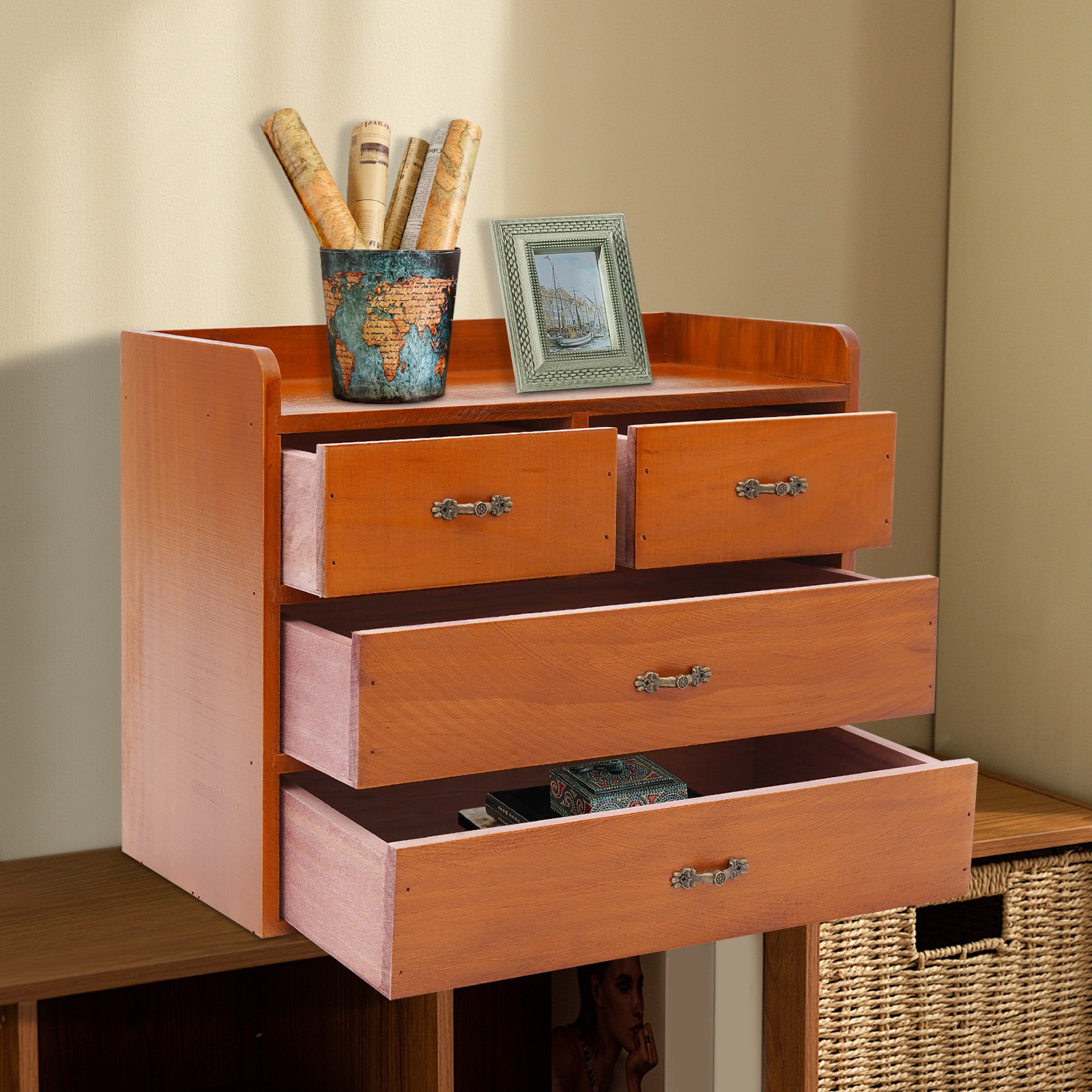Retro Wooden 4 Drawer Desk Organizer Office Bedroom Tabletop Storage Drawer Box