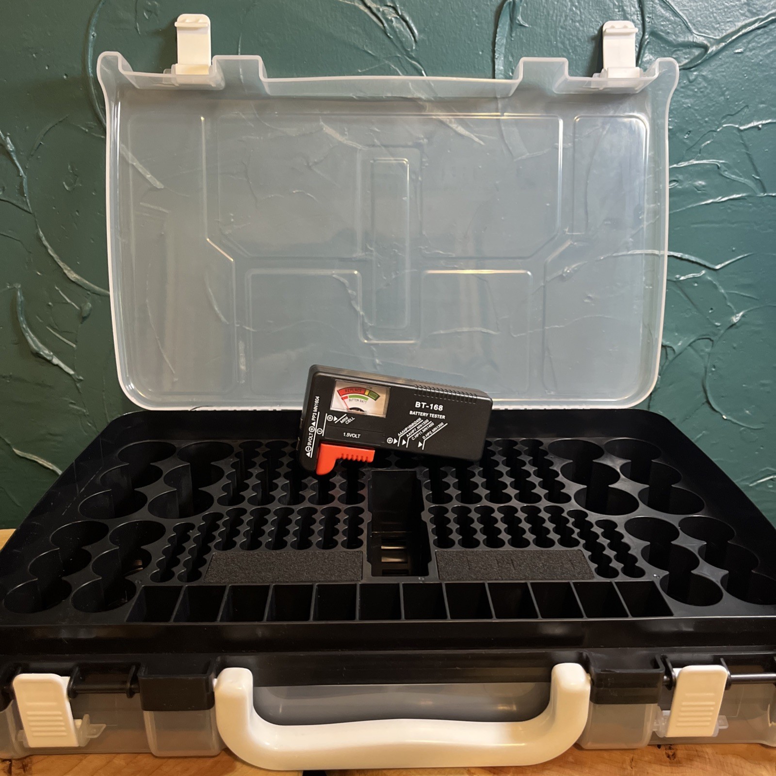 Double Sided Plastic Battery Storage Box With Battery Tester.