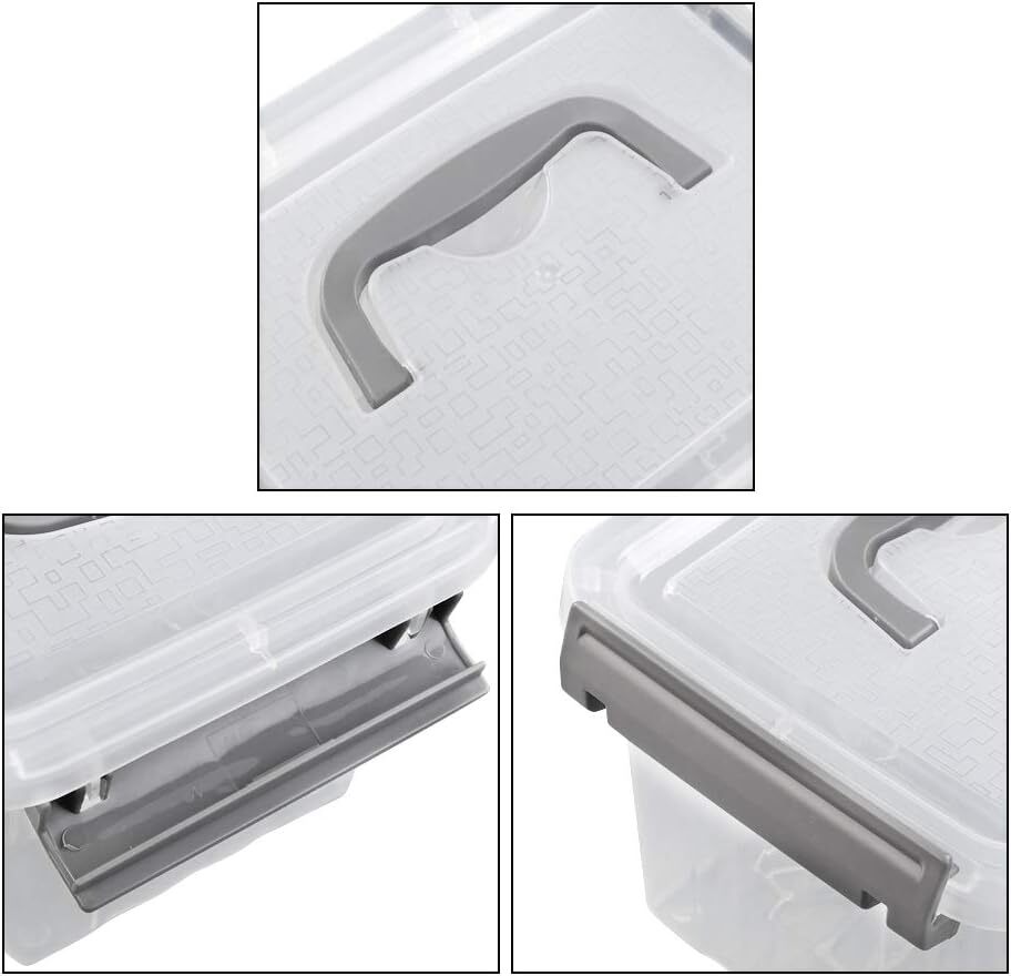 Set of 6 Plastic Storage Containers, Small Latching Box Grey handle
