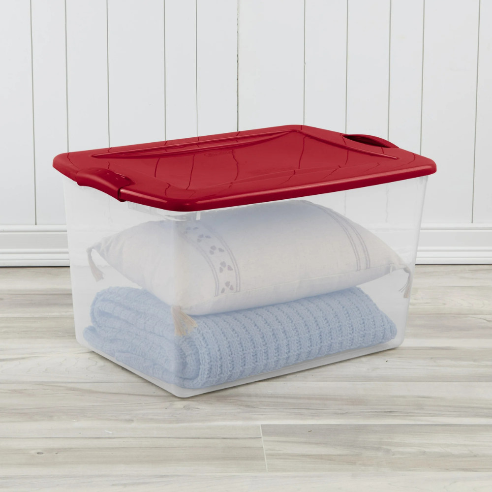 Sterilite 66 Qt Clear Plastic Storage Bins Latching Lid Red Latches 6 Pack Totes