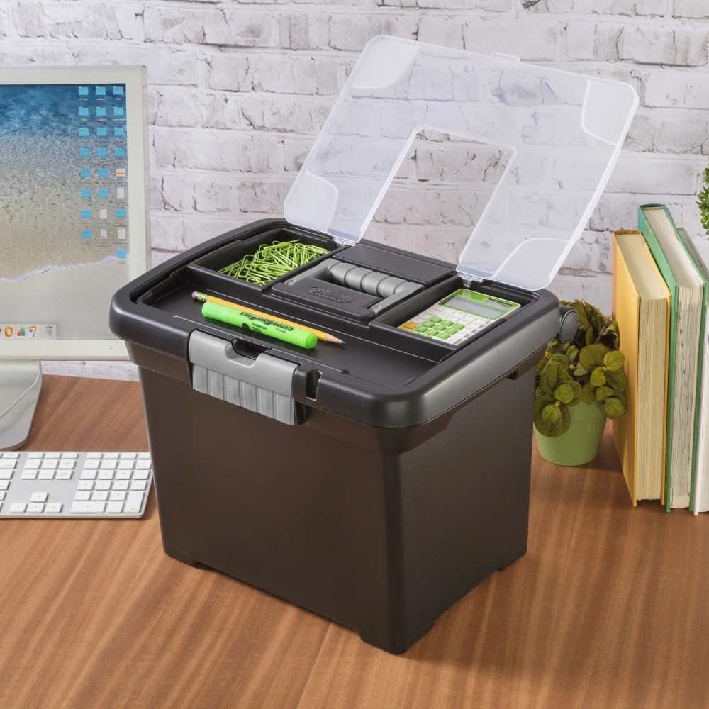 Plastic Storage Bin/ Portable File Box, 15&Prime; L x 10 7/8&Prime; W x 11 1/2&Prime; H, Black