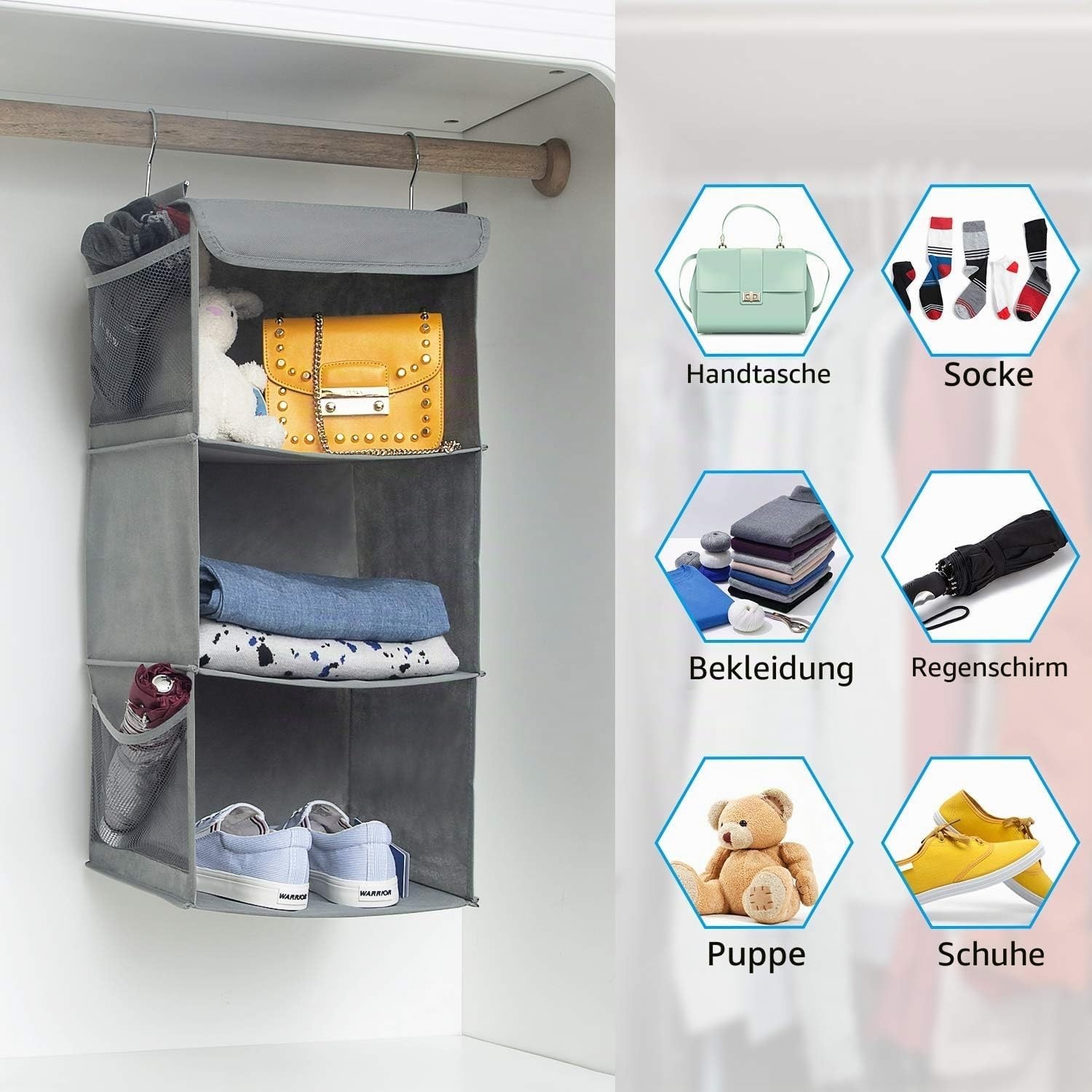 Hanging shelf, grey, 3 compartments, practical wardrobe organizer with…