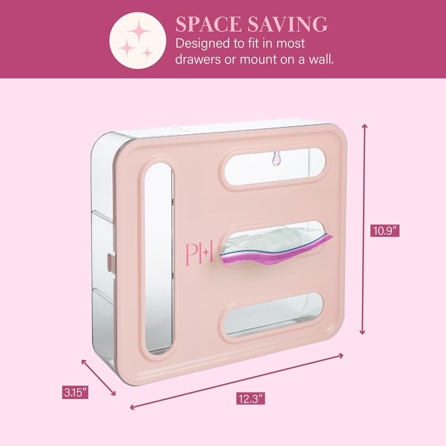 4-Slot Storage Bag Organizer Multipurpose Kitchen Drawer or Wall-Mount, Pink
