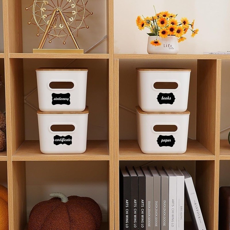 Durable Stackable Storage Bins W/ Bamboo Lids & Custom Labels Organizing New