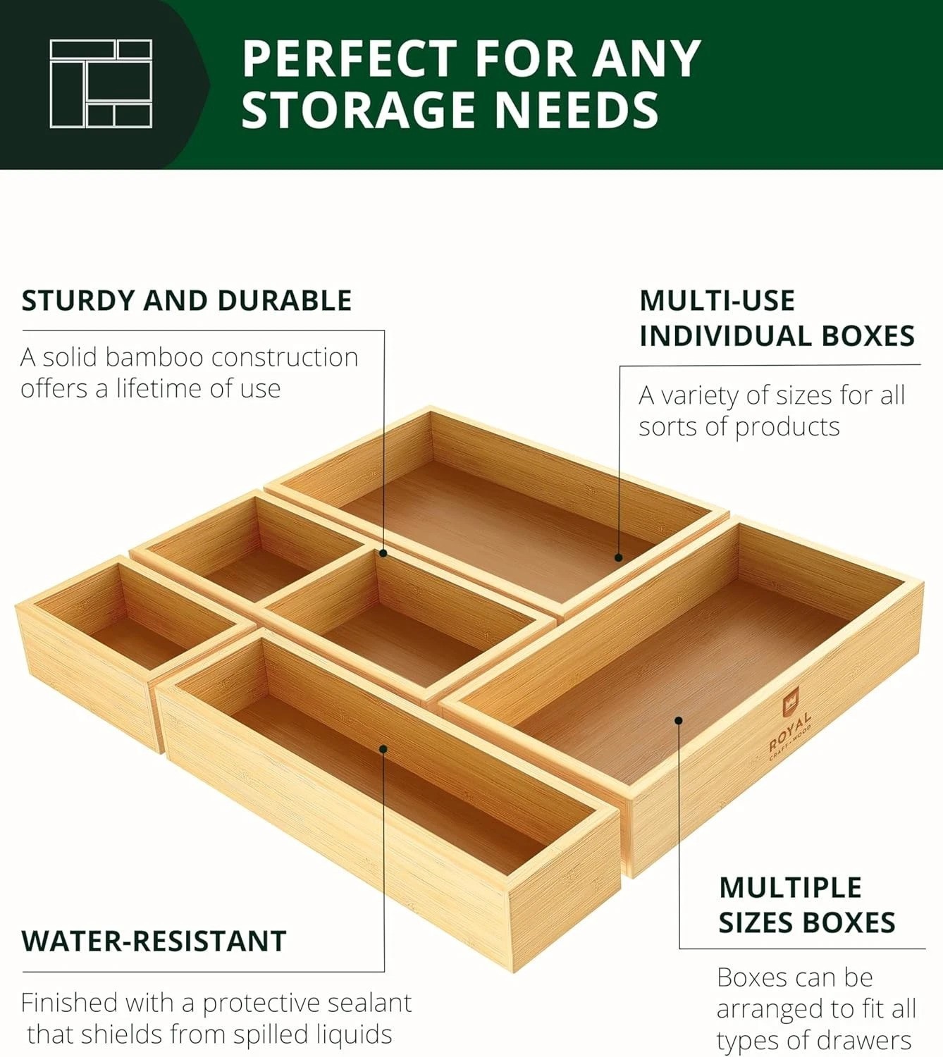 Eco-Friendly Bamboo Storage Boxes – 5-Piece Organizer Set for All Spaces