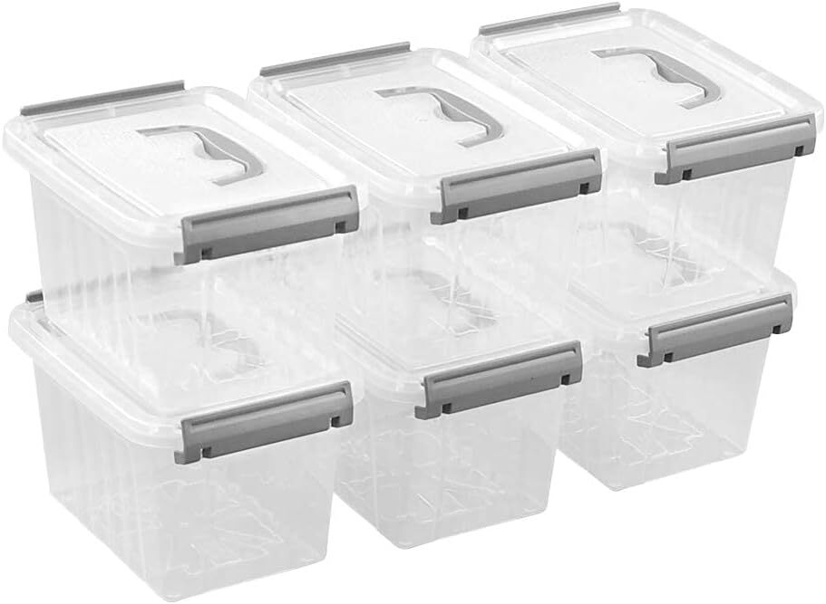 Set of 6 Plastic Storage Containers, Small Latching Box Grey handle