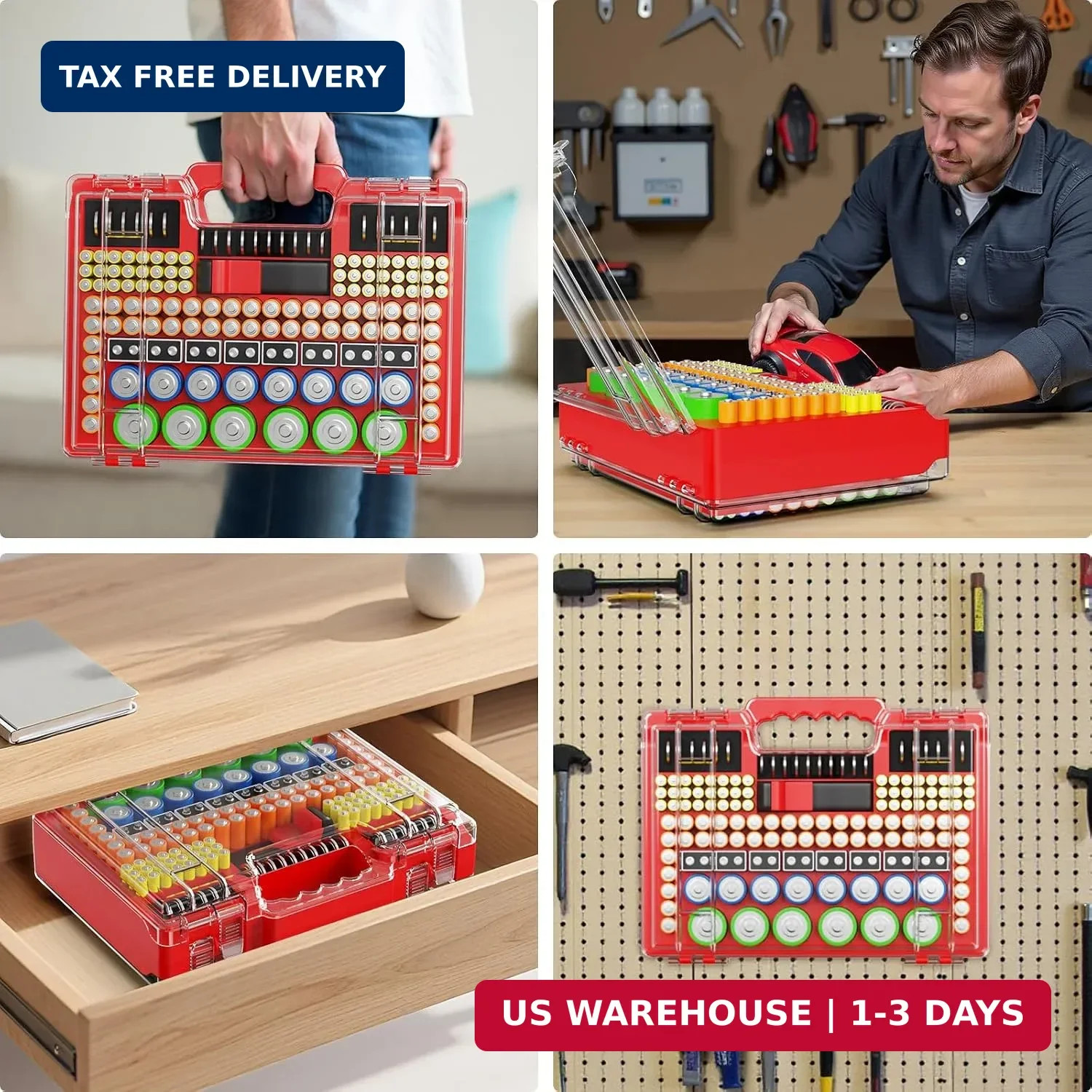 Battery Organizer Box with Tester, Storage Case Holds 260 Batteries, D