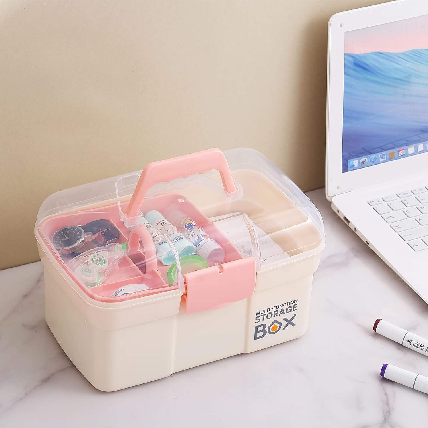 Lightweight White Plastic Storage Box with Removable Tray – Ideal for Cosmetics