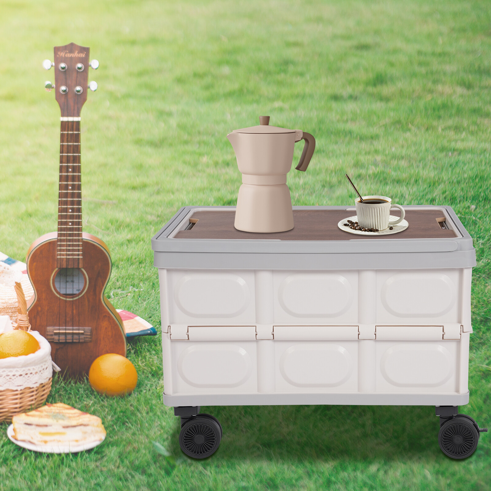 Foldable Cart Gray Large Capacity 55L Container Outdoor Storage Box W/ 4 Wheel