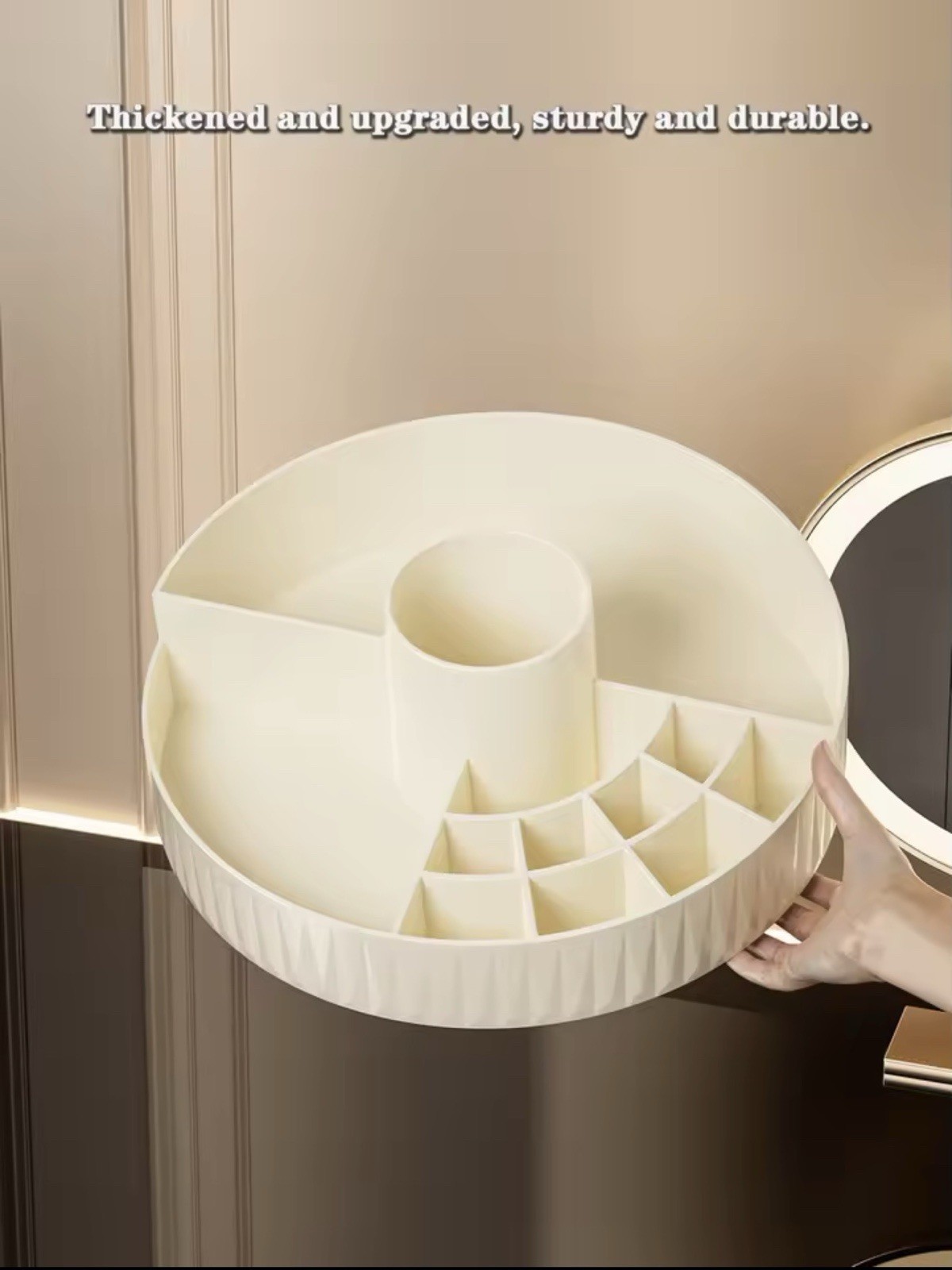 Large Round Plastic Storage Organizer, 10 Compartments, Beige, Modern