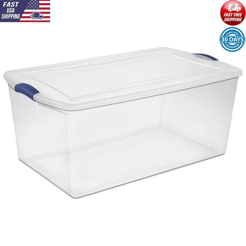 Clear Plastic Storage Latch Box W/ Blue Handles Ideal Organizing Bulky Items New