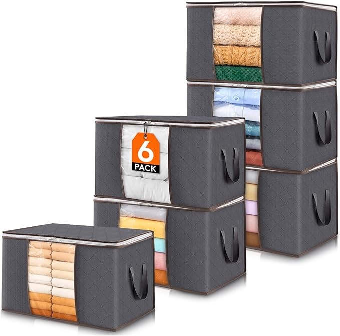 6 Pack Foldable Blanket Storage Bags with Zippers Lids for Home Organization