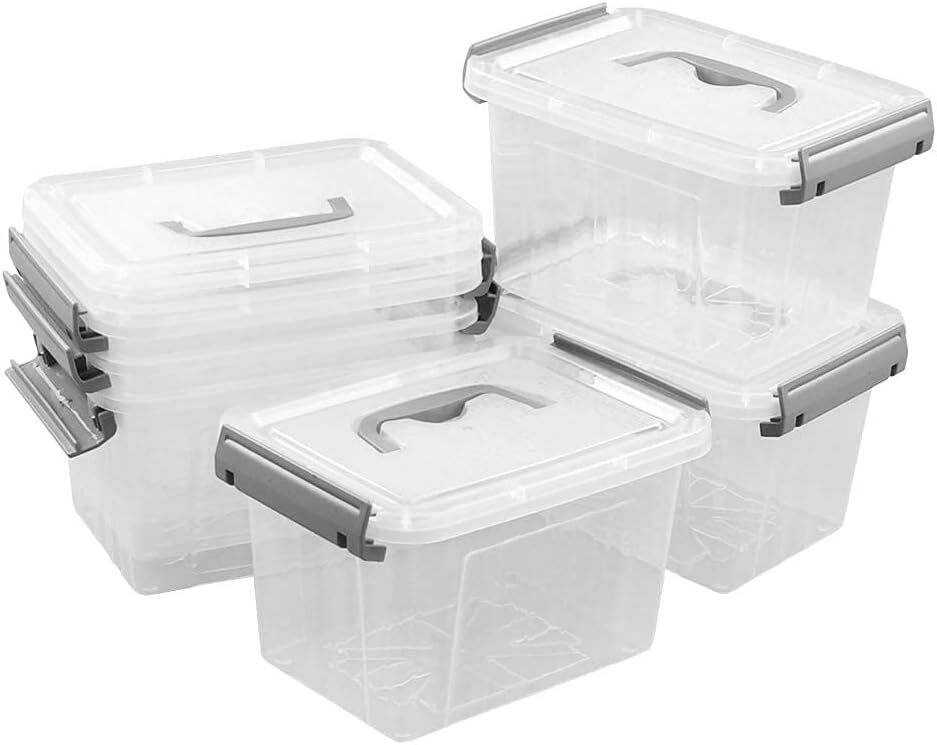 Set of 6 Plastic Storage Containers, Small Latching Box Grey handle