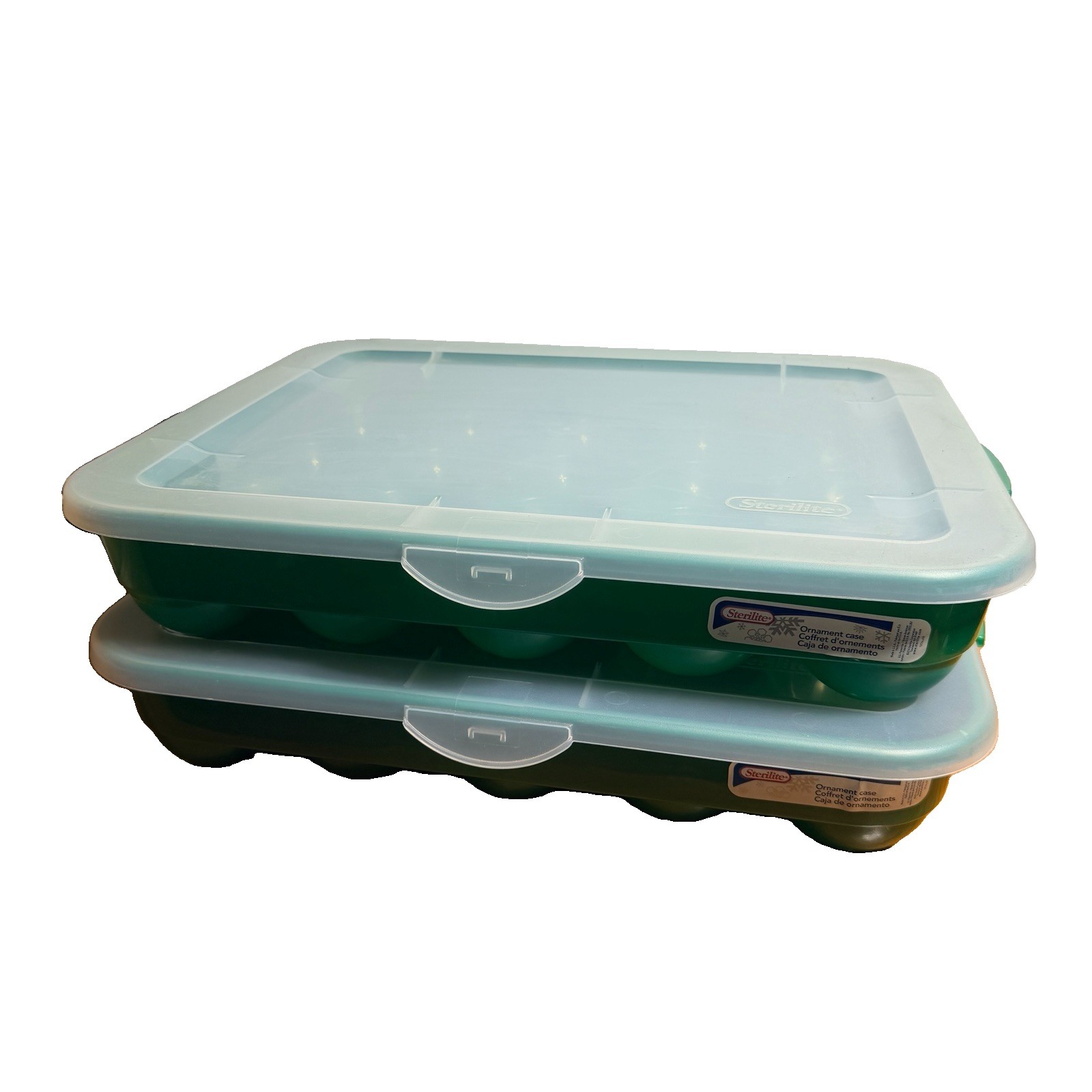 2 Green Sterilite Ornament Storage Box Case 20 Piece Hinged Lid Snap Closure 20&Prime;