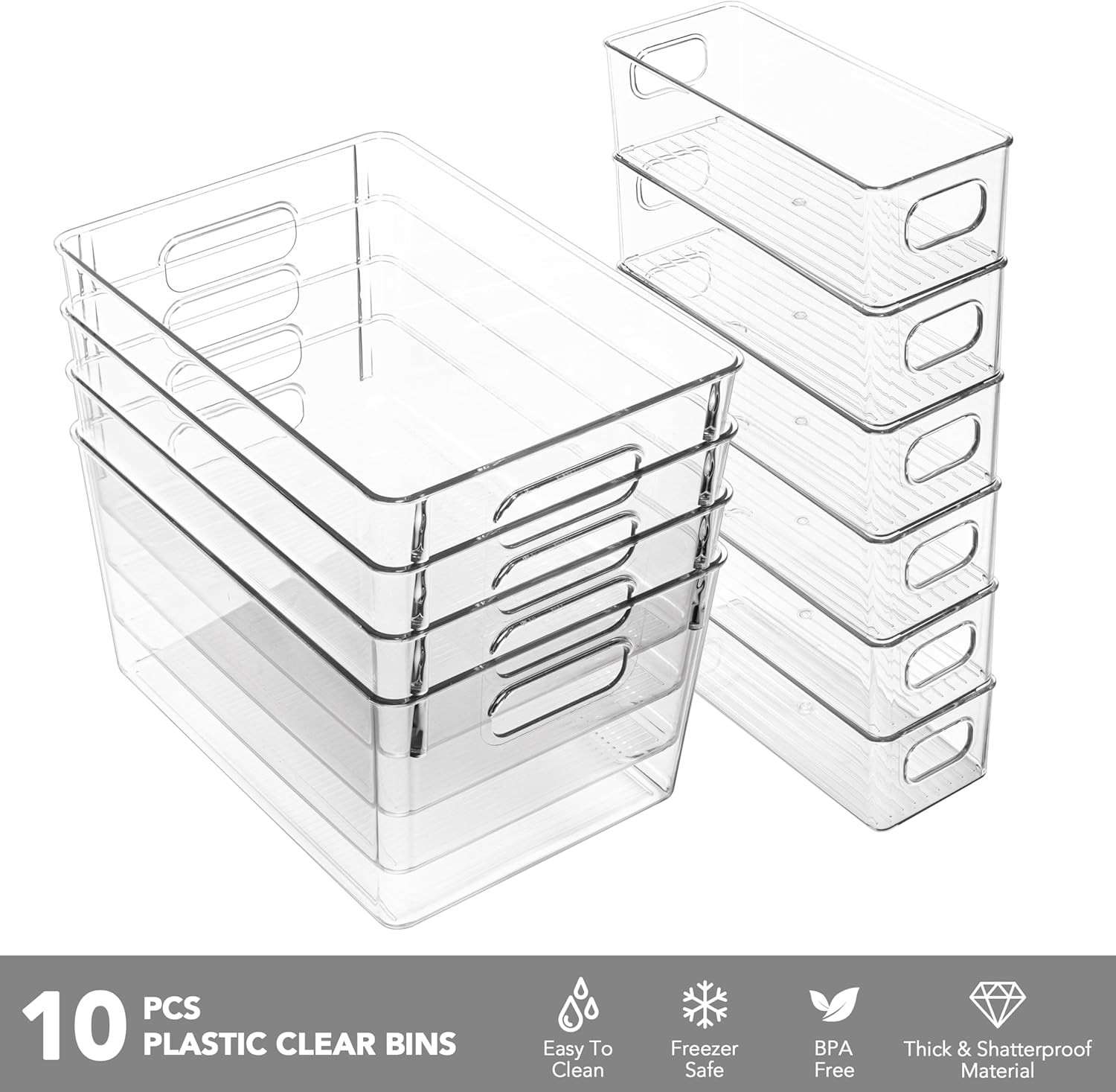Tiawudi Set of 10 Clear Plastic Storage Bins, 4 Large and 6 Small Stackable Stor