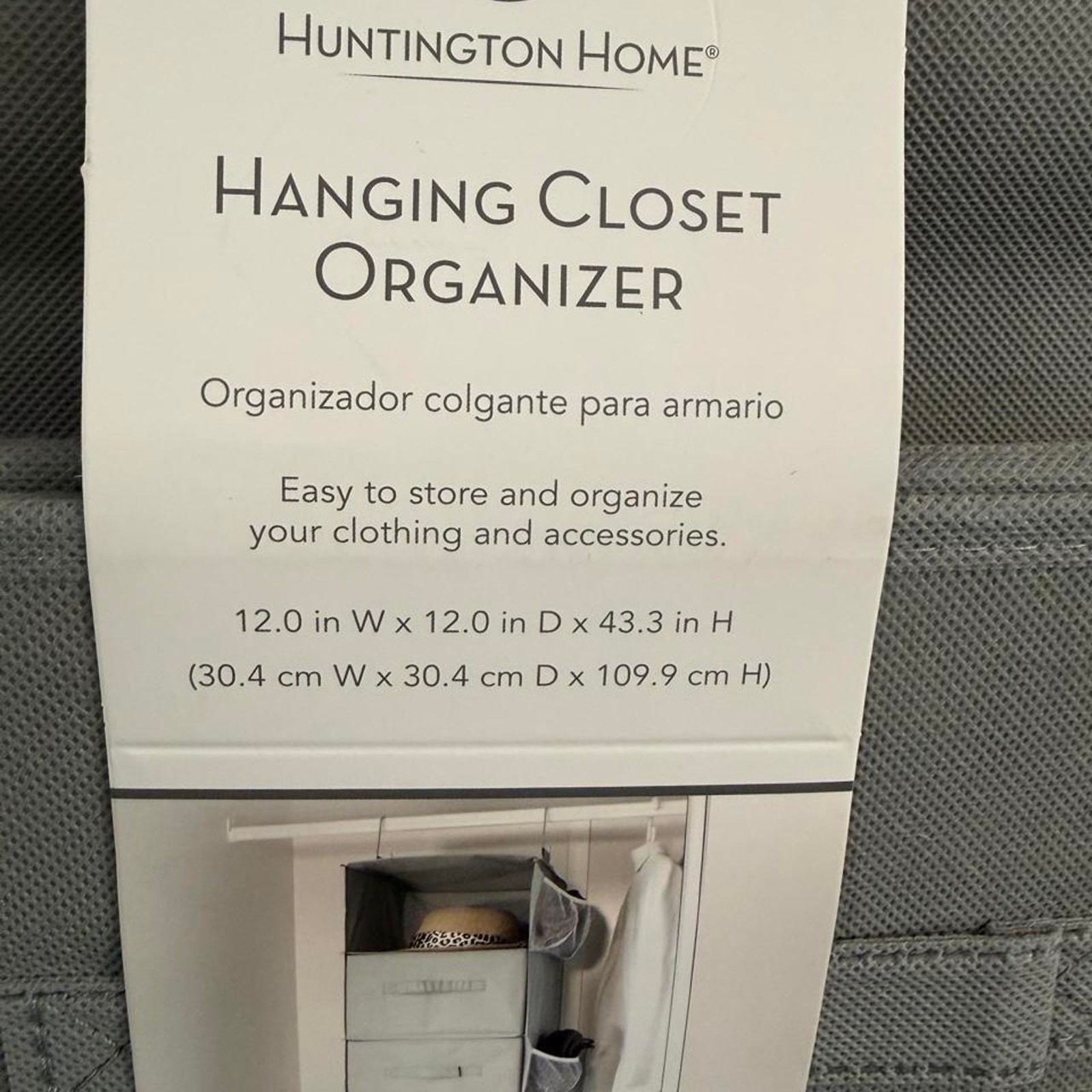 Huntington Home Hanging Closet Organizer Gray 12x12x43.3 Storage Shelves NWT