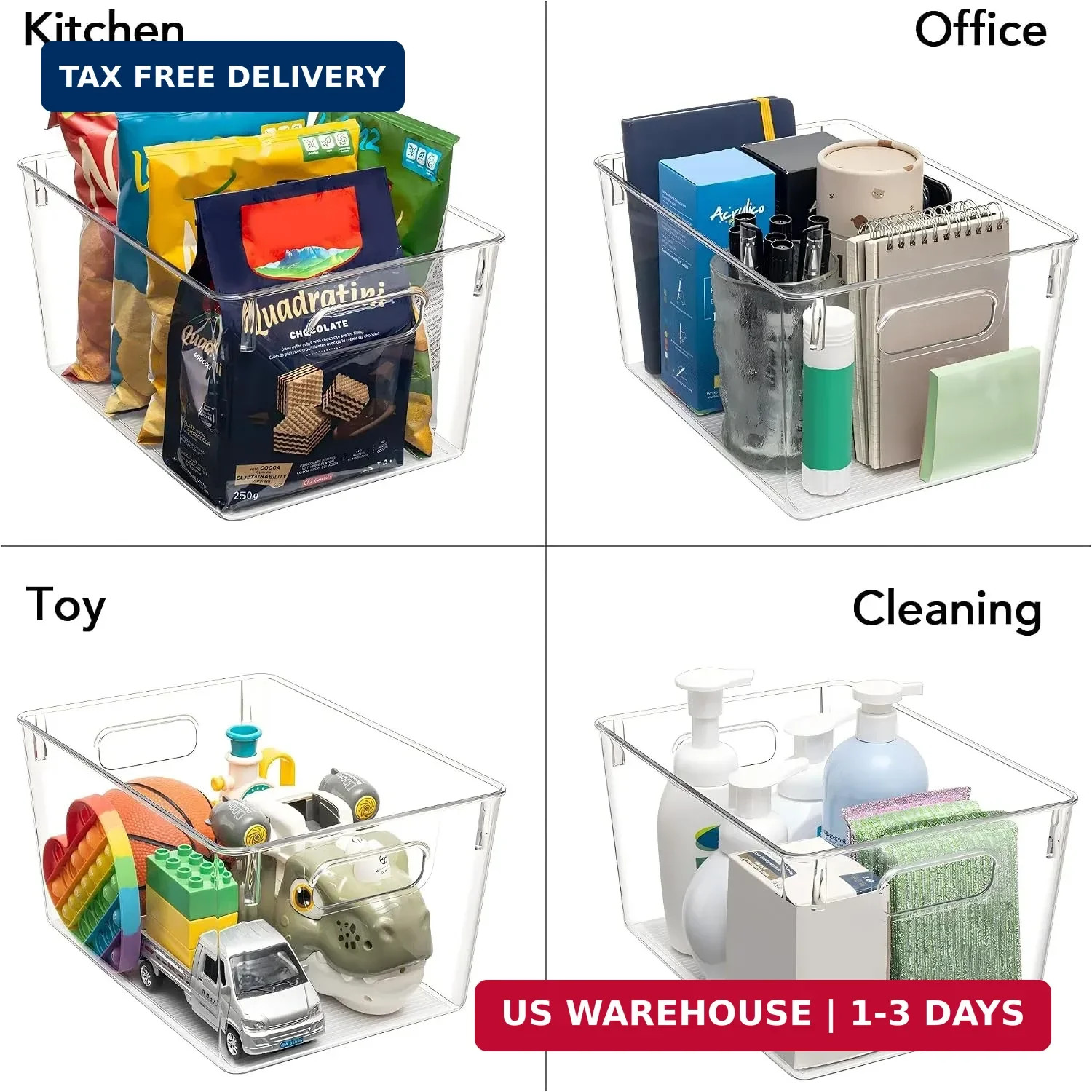 Tiawudi Set of 10 Clear Plastic Storage Bins, 4 Large and 6 Small Stackable Stor