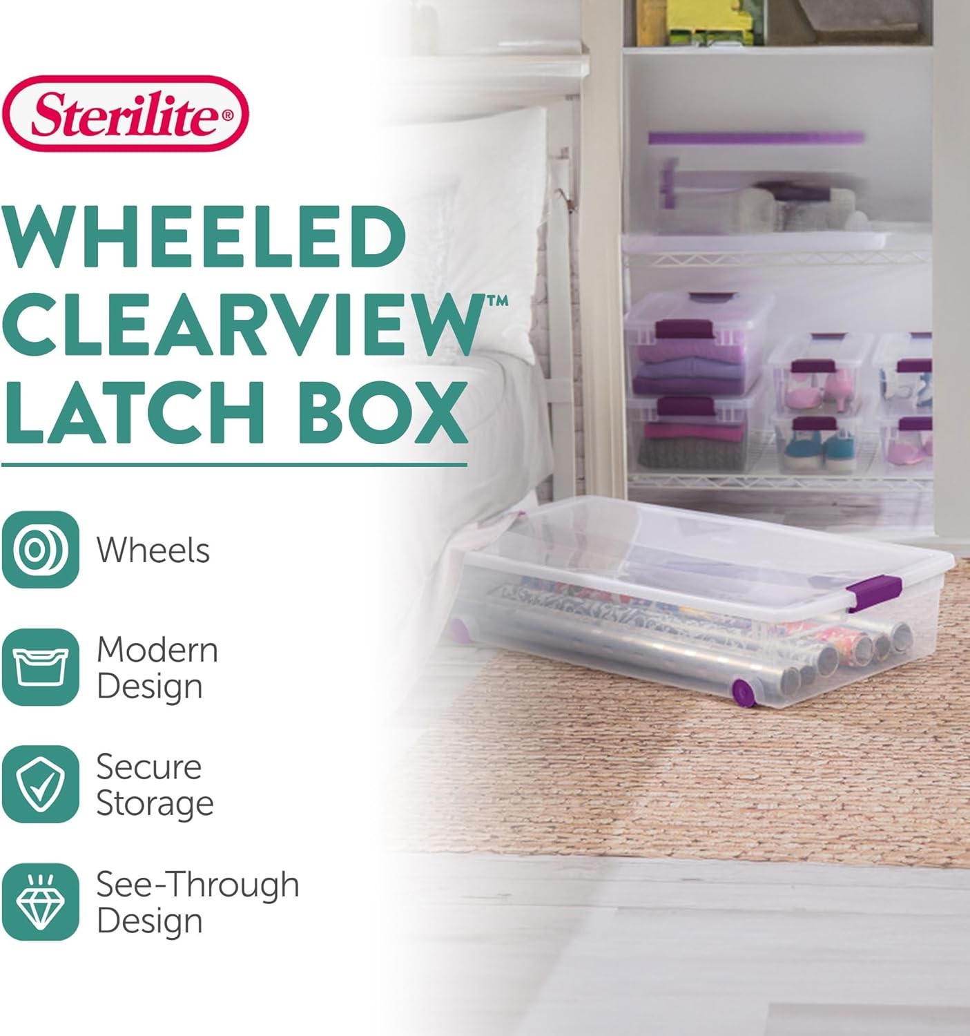 4-Pack 60 Quart ClearView Latch Box Wheeled Organizer Bins W/ Latching Lids