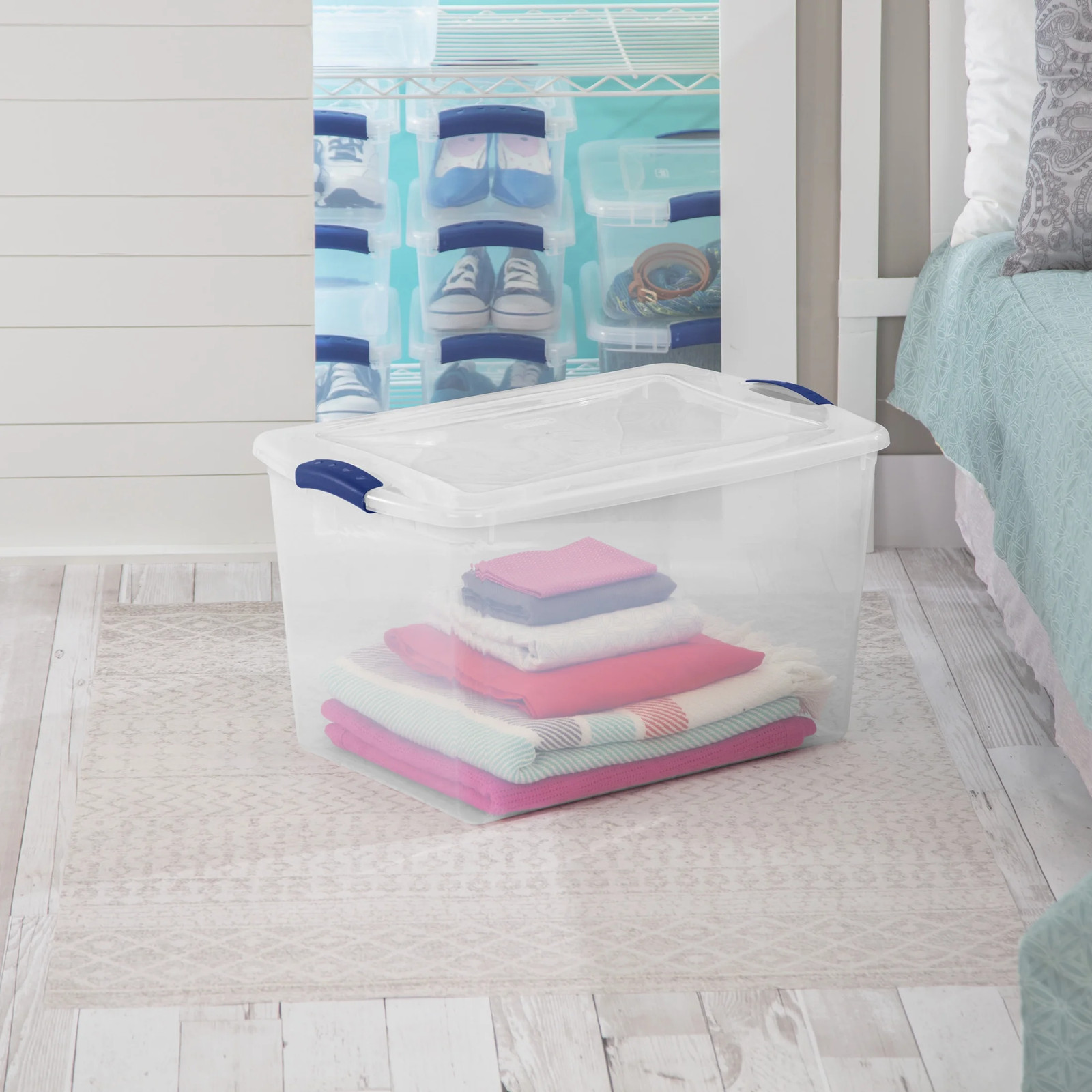 Large Storage Bin 66 Quart Clear with Blue Latch Lid