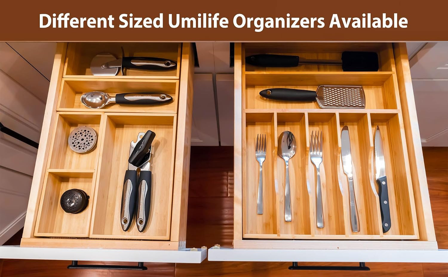 Drawer Organizer Storage Boxes, 2.5&Prime; High Bamboo Drawer Dividers, 3 Rearrangeabl