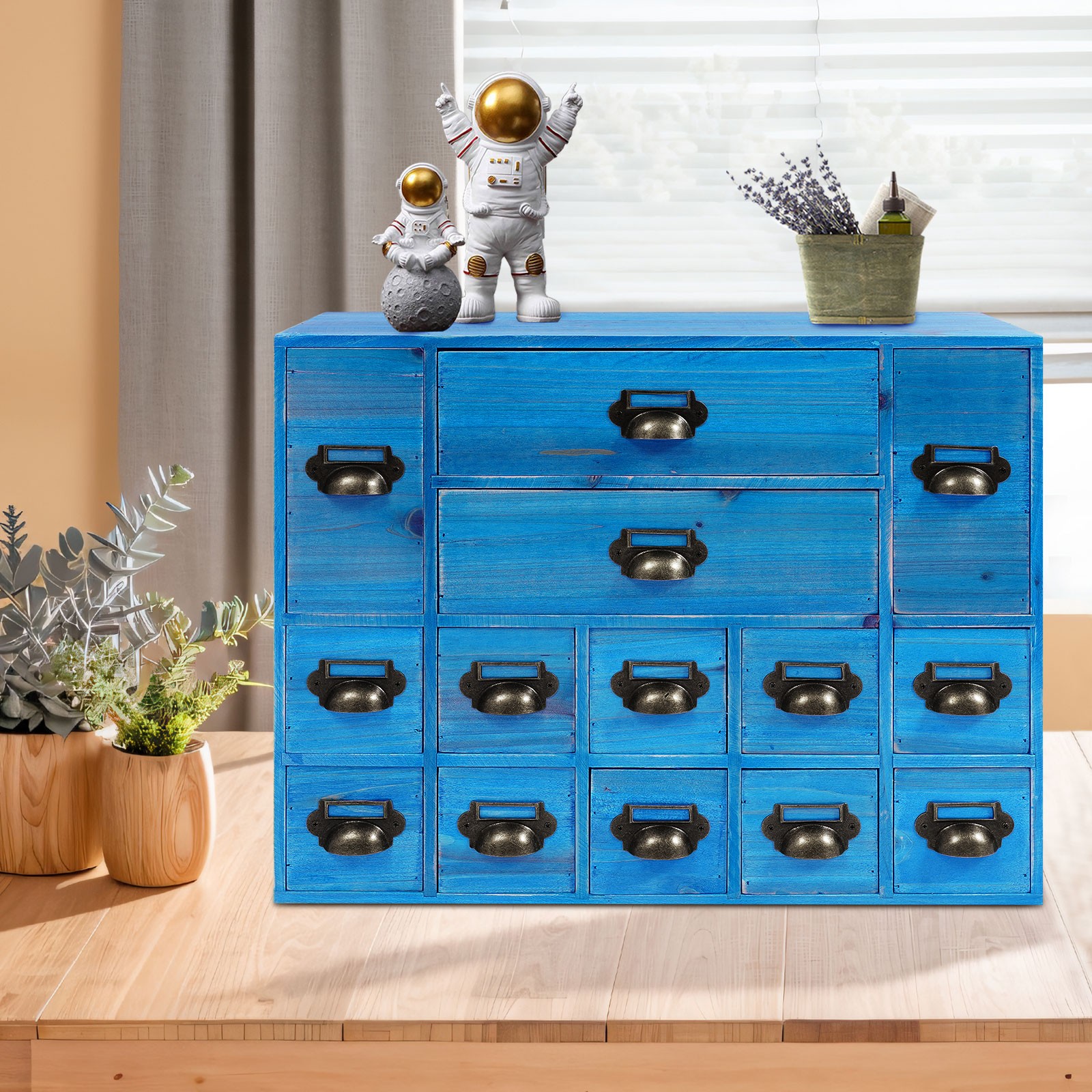 Vintage Apothecary Cabinet Dressers Label Holder Wooden 14 Drawers Organizer