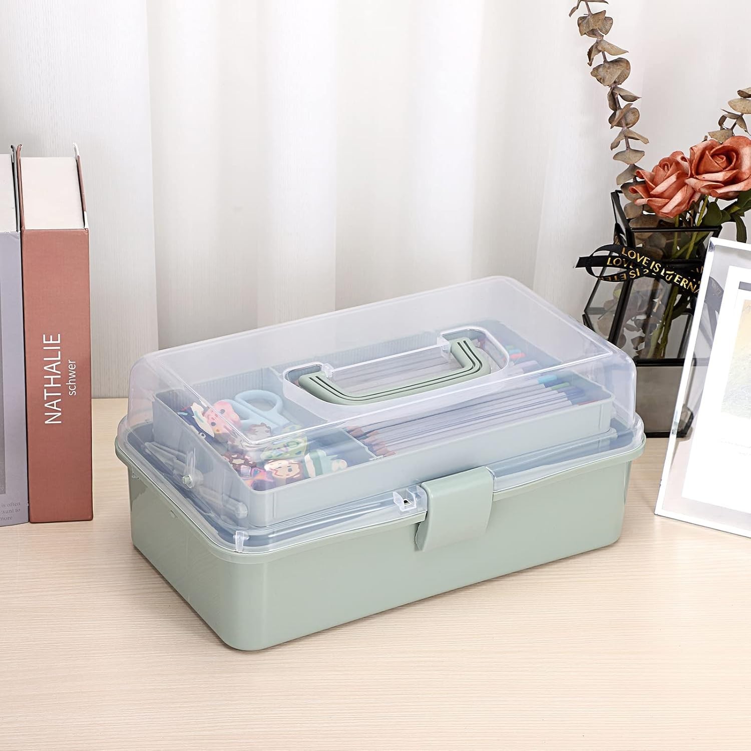 3 Layer Plastic Storage Box in Haze Green Adjustable Compartments for Crafts