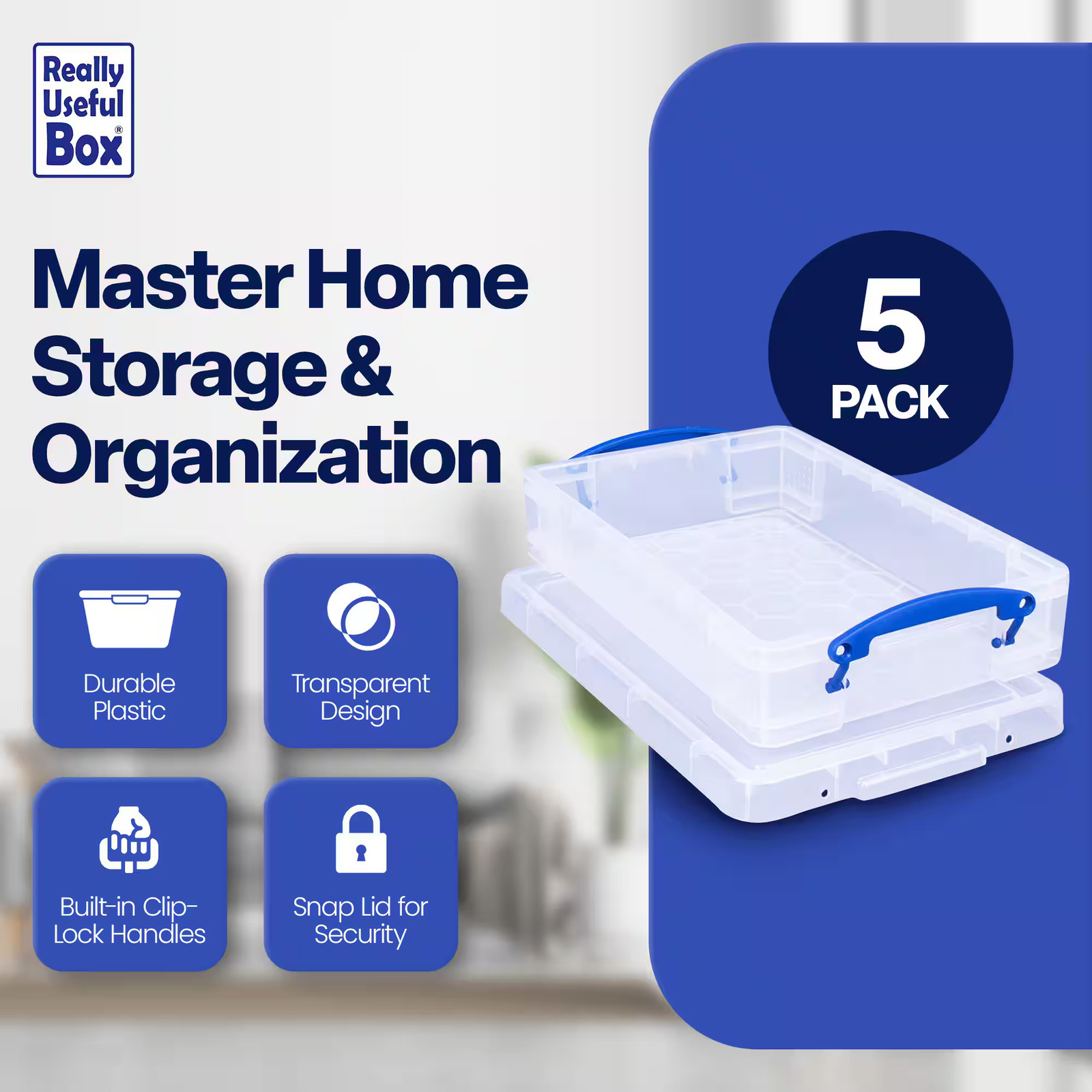 Really Useful Box – 4L Storage Container with Lid and Clip Lock Handles, (5 Pack