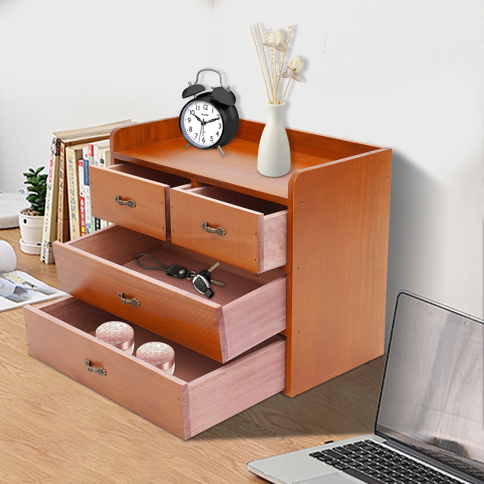 Retro Wooden 4 Drawer Desk Organizer Office Bedroom Tabletop Storage Drawer Box