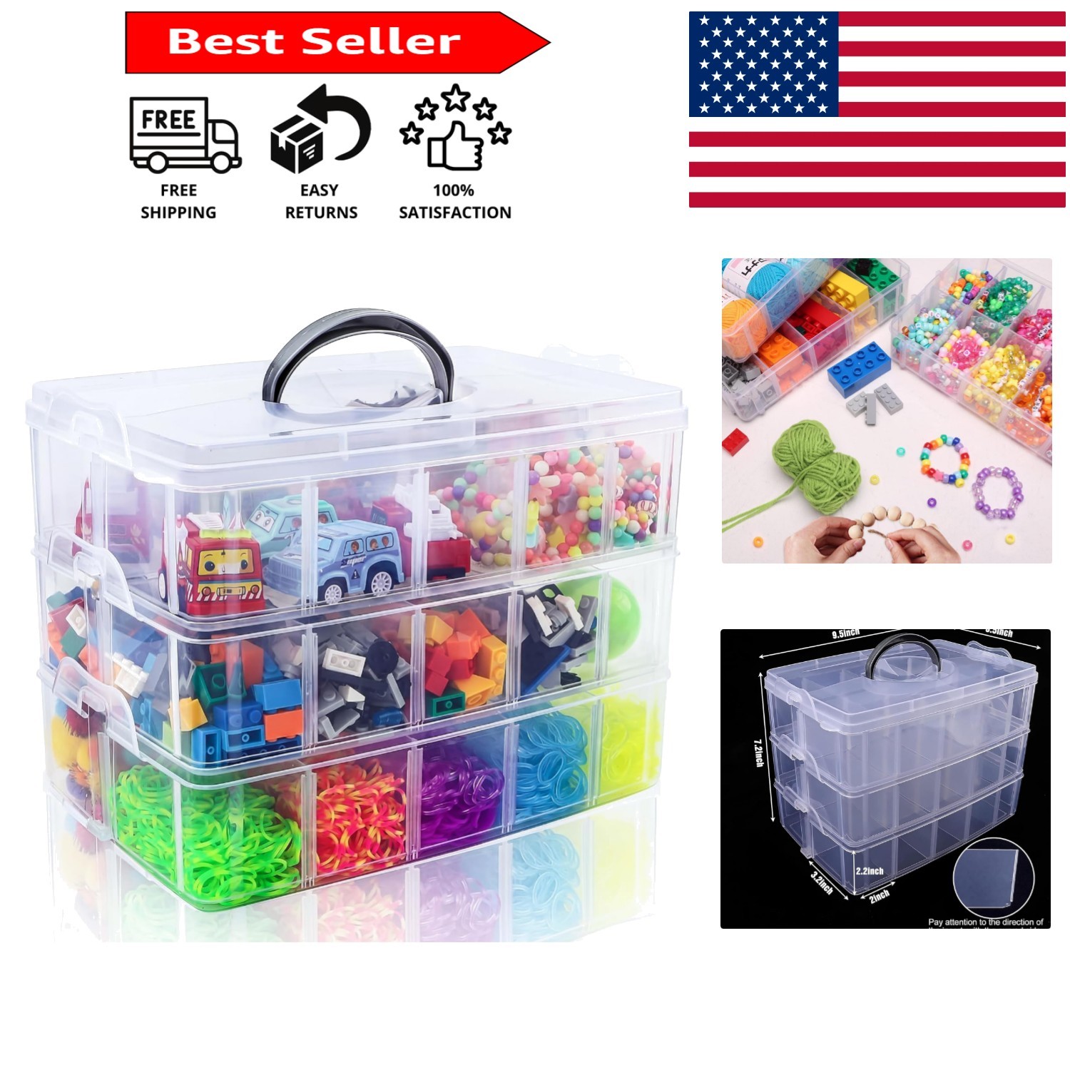 3-Tier Stackable Storage Container with 30 Compartments for Craft Organization