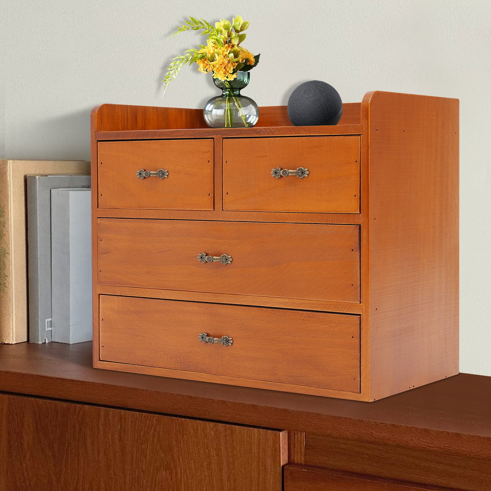 Retro Wooden 4 Drawer Desk Organizer Office Bedroom Tabletop Storage Drawer Box