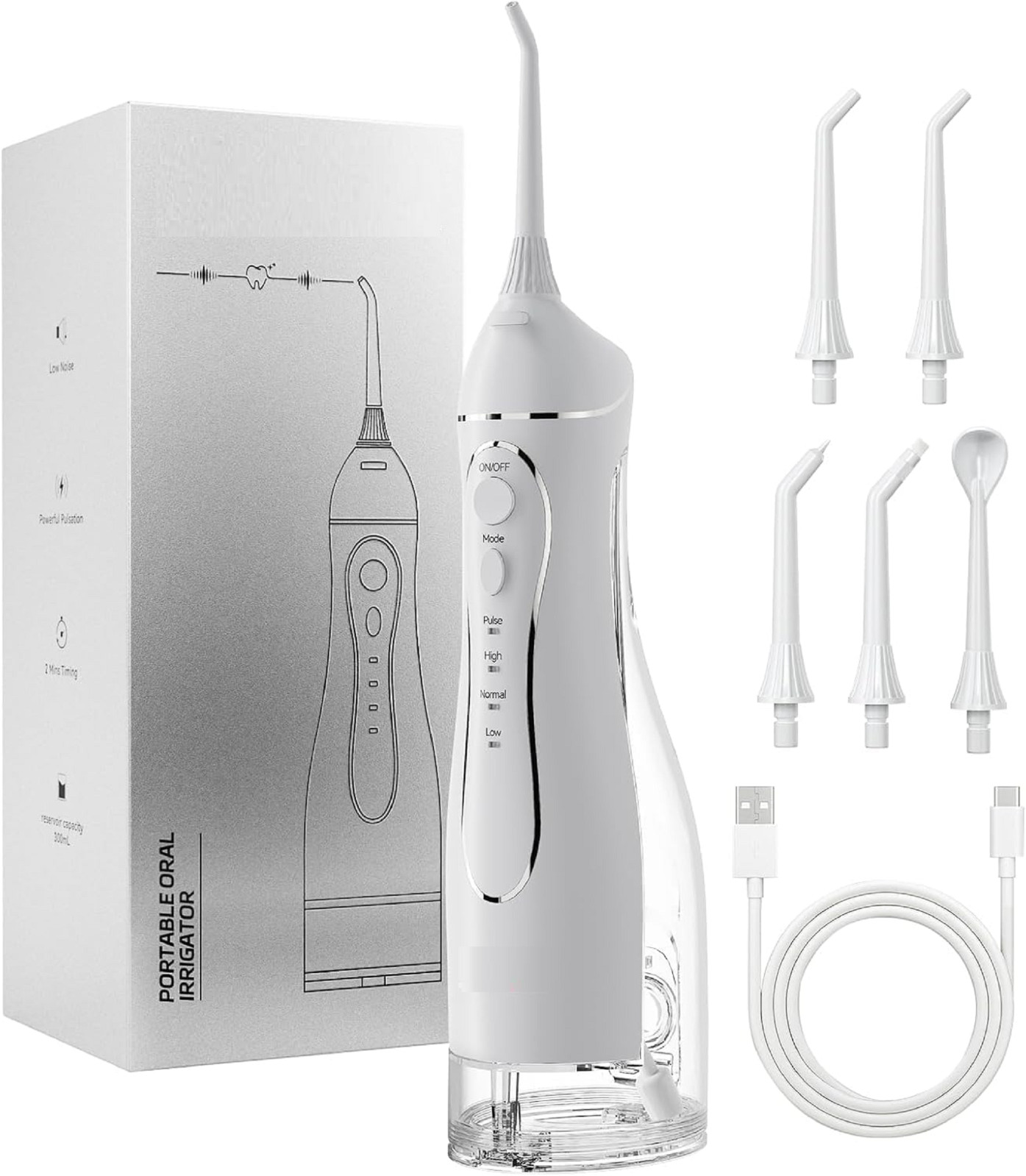 Portable Cordless Water Flosser 300ML, 4 Modes, 5 Tips, IPX7, Rechargeable